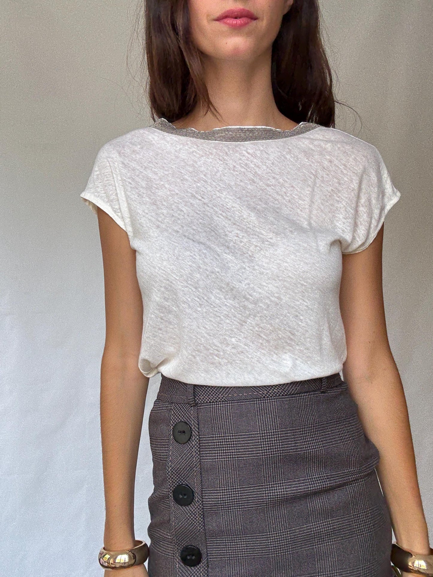 Gorgeous Massimo Dutti White Women's Shirt with Beaded Neckline Detailing in Estimated Size S, sheer Casual Vintage Style,