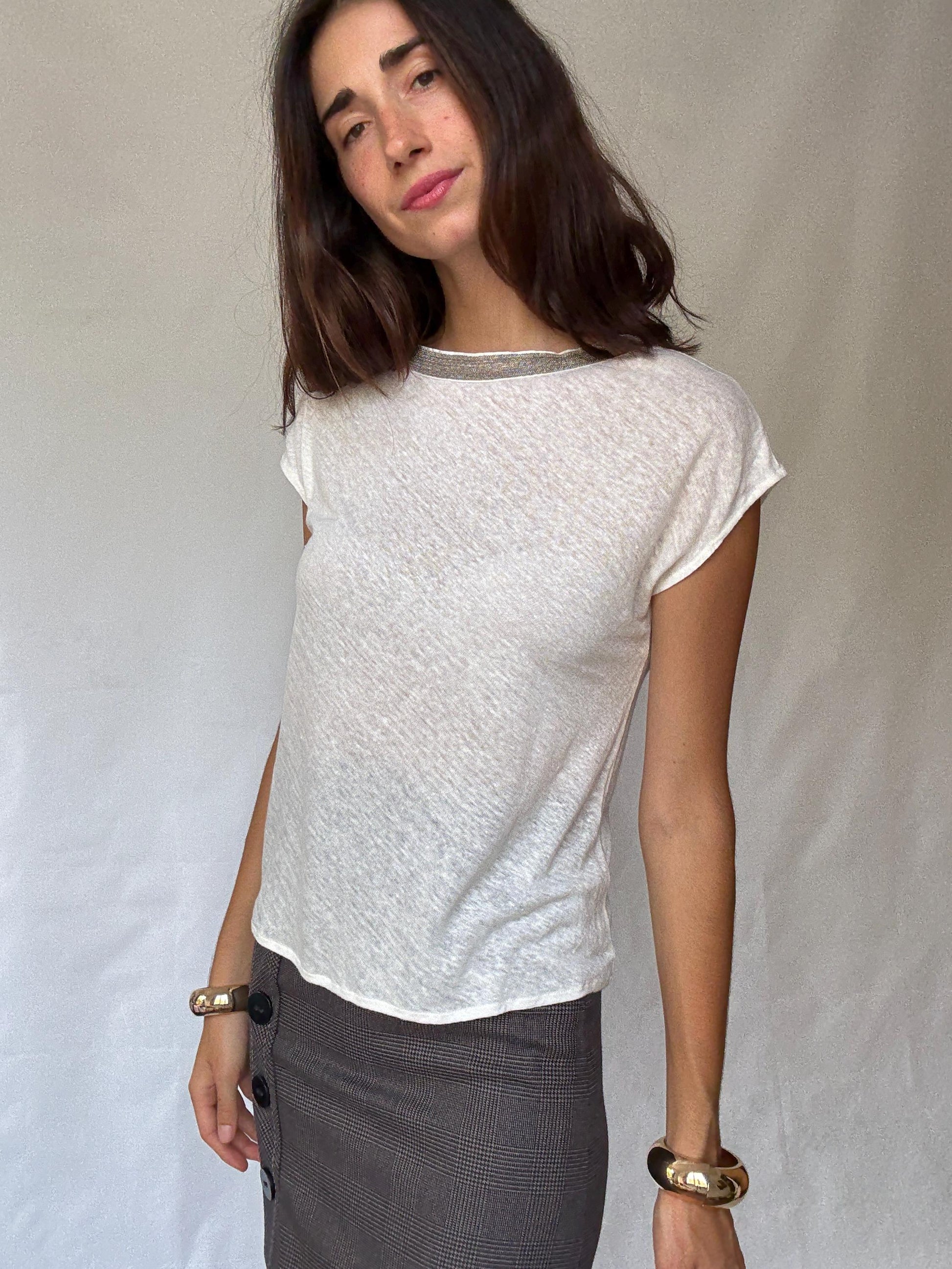 Gorgeous Massimo Dutti White Women's Shirt with Beaded Neckline Detailing in Estimated Size S, sheer Casual Vintage Style,