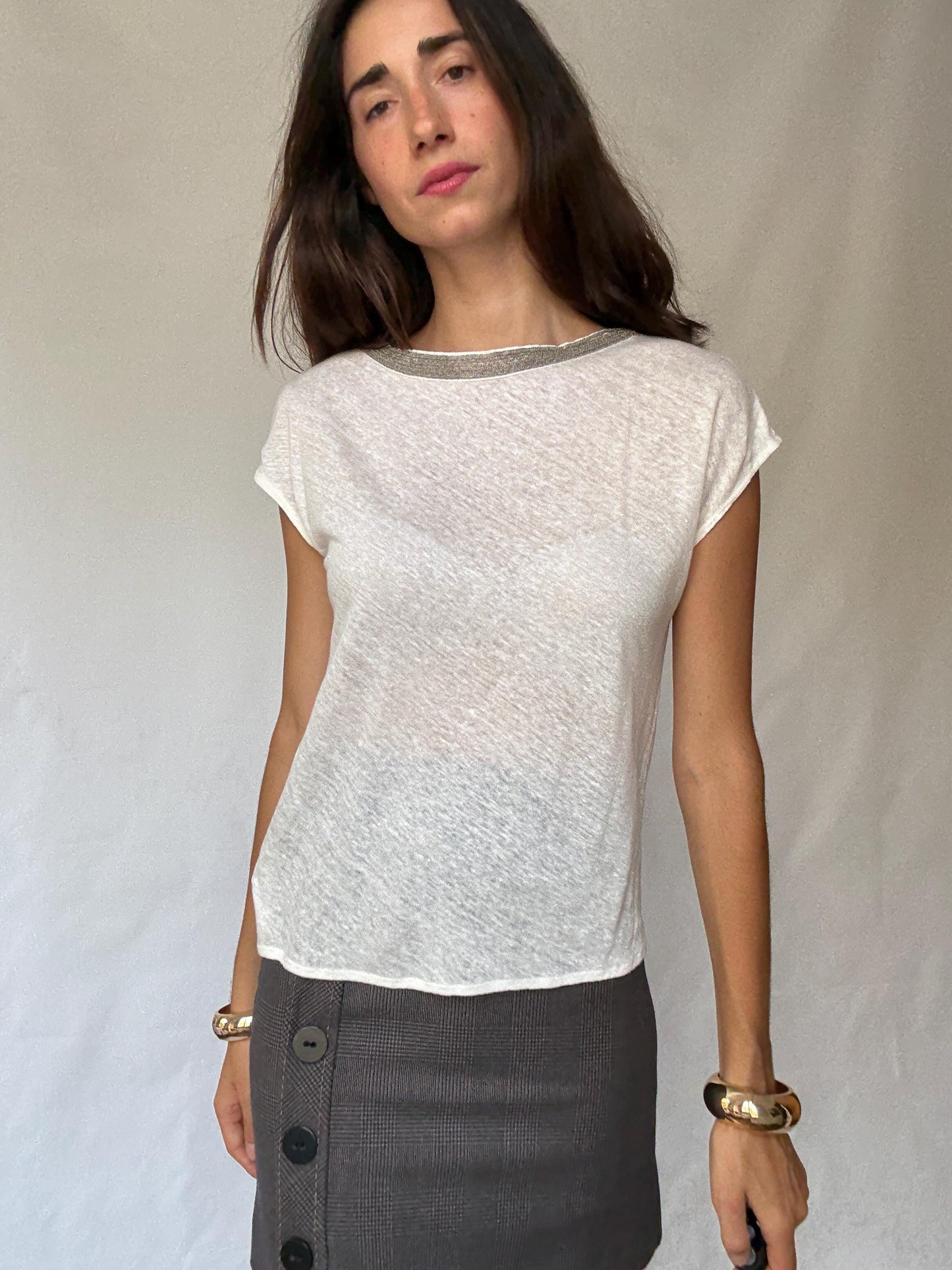 Gorgeous Massimo Dutti White Women's Shirt with Beaded Neckline Detailing in Estimated Size S, sheer Casual Vintage Style,