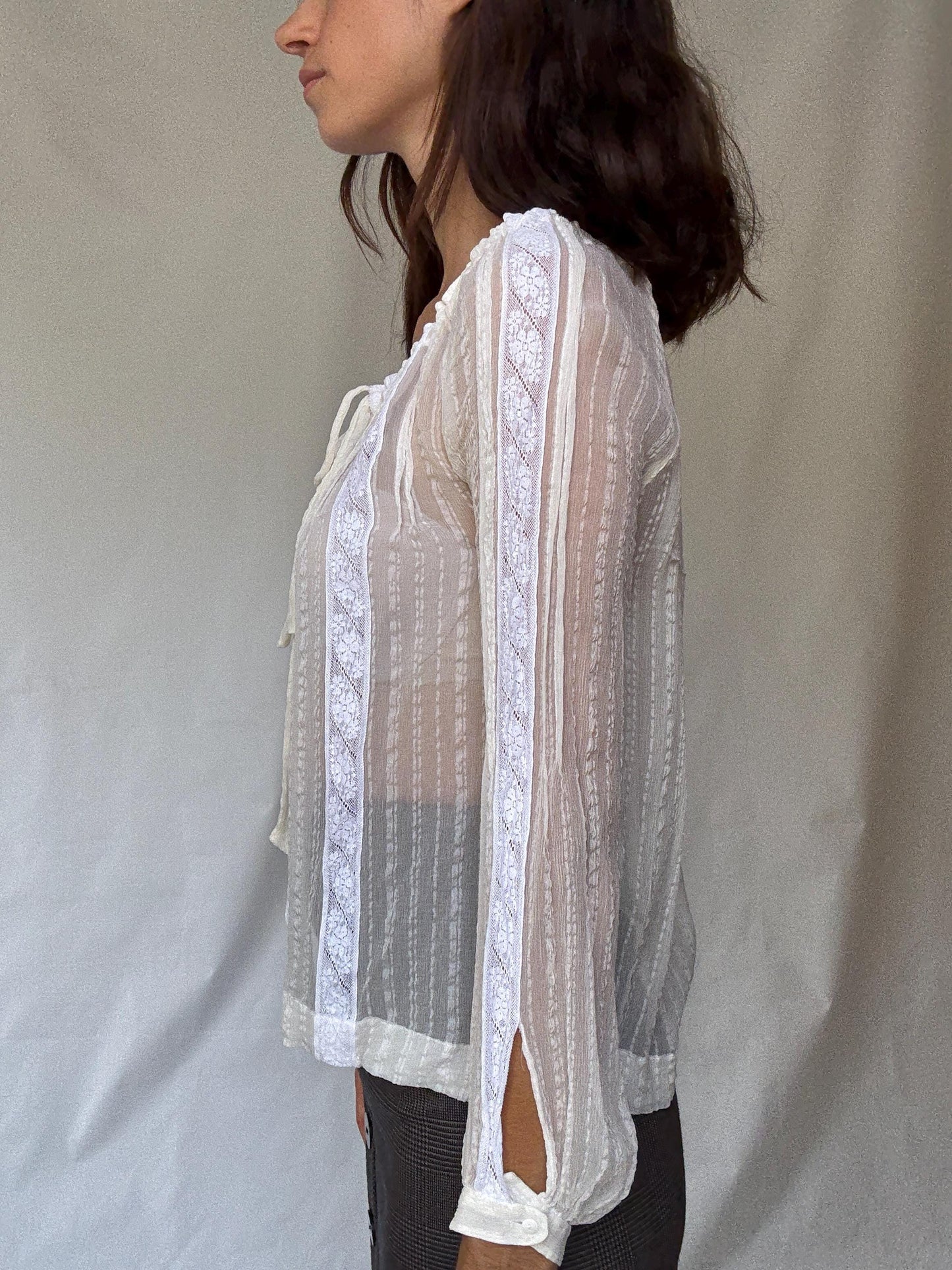 Sheer White Romantic Blouse with Ruffled Neckline and Tie Front Detail in Lightweight Fabric, Perfect for Layering, US Size L