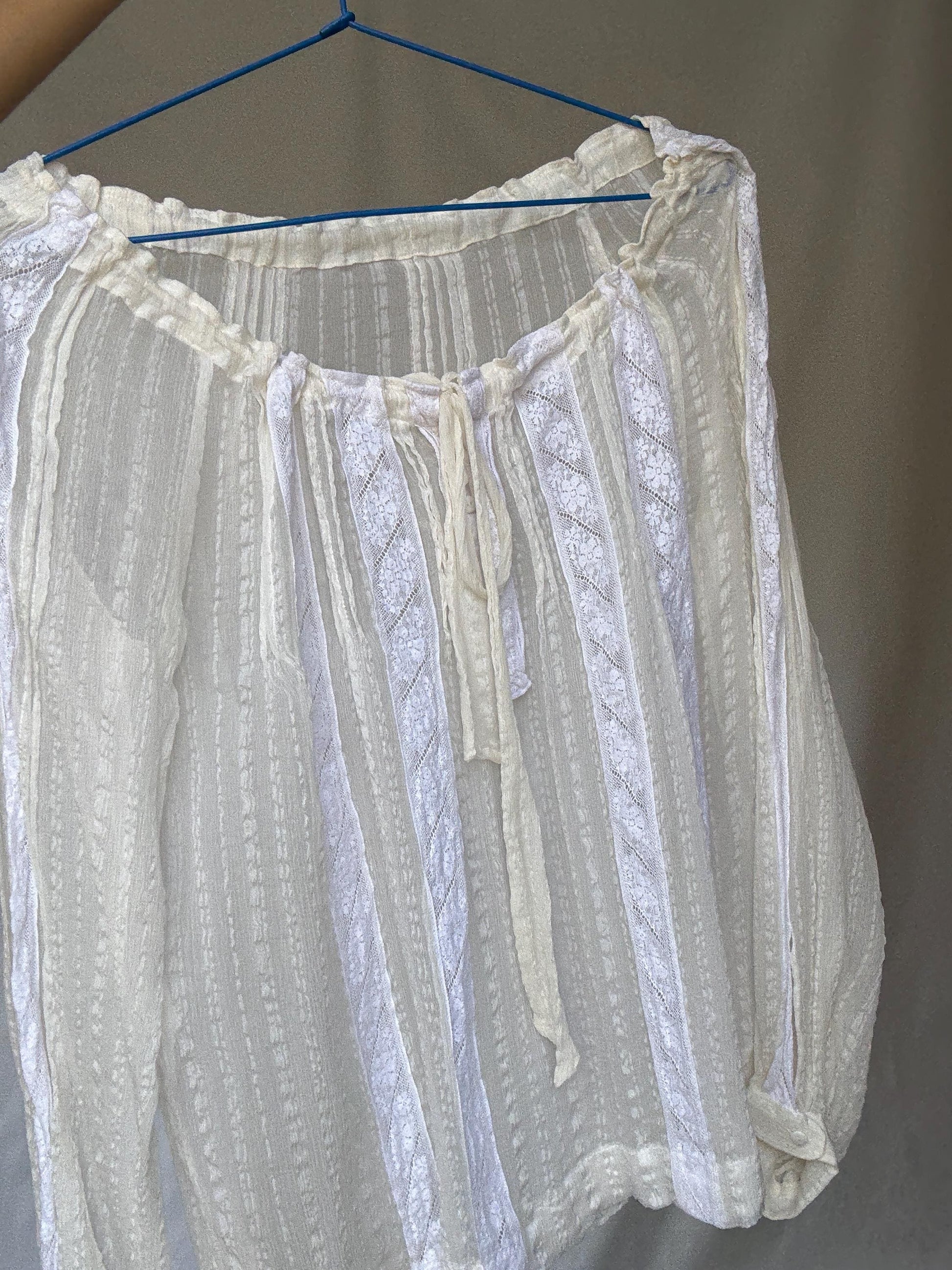 Sheer White Romantic Blouse with Ruffled Neckline and Tie Front Detail in Lightweight Fabric, Perfect for Layering, US Size L