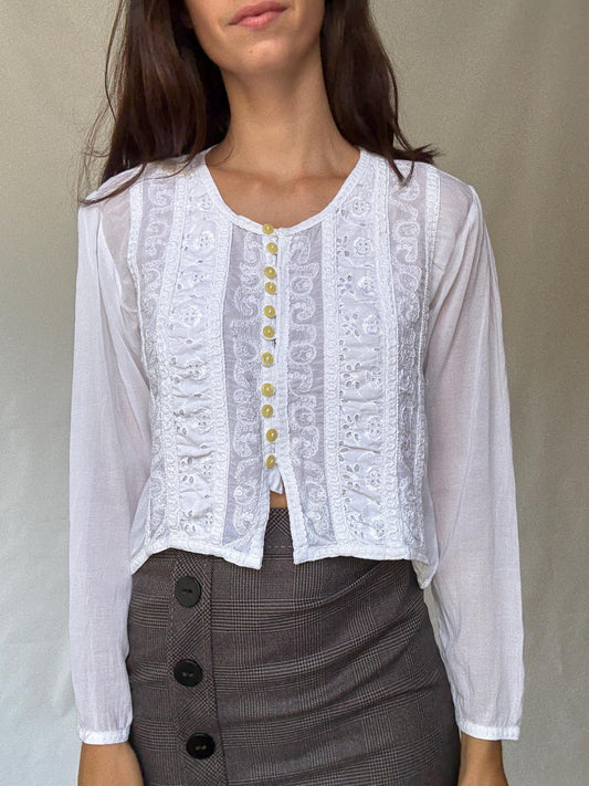 Classic Vintage-Inspired White Blouse with Lace Embroidery and Button Fastening, Light Academic Style by Keira Knightley