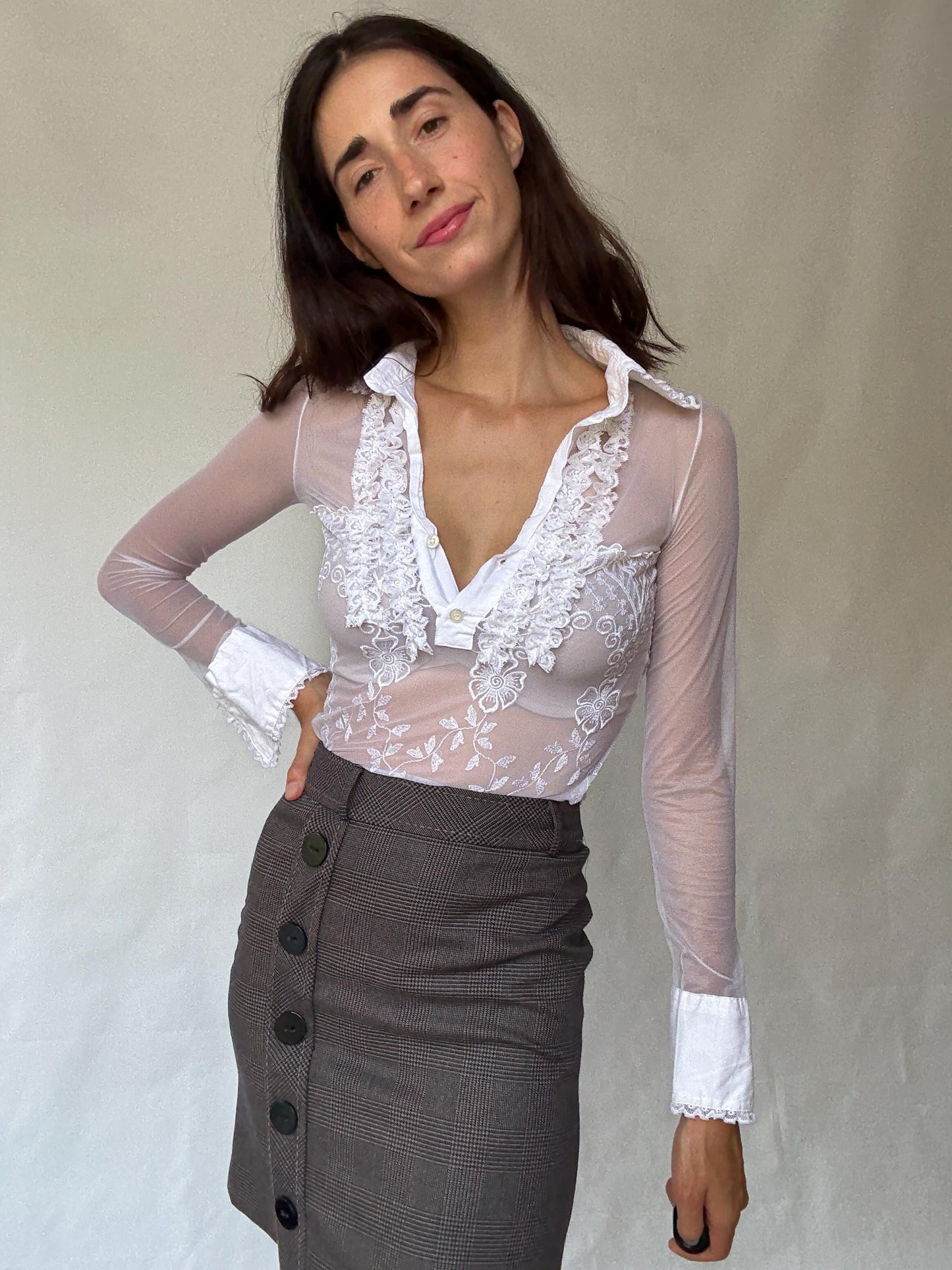 United Colors of Benetton White Sheer Bodysuit With Lace Details and Floral Embroidery Inspired by Y2K Style XS US Size