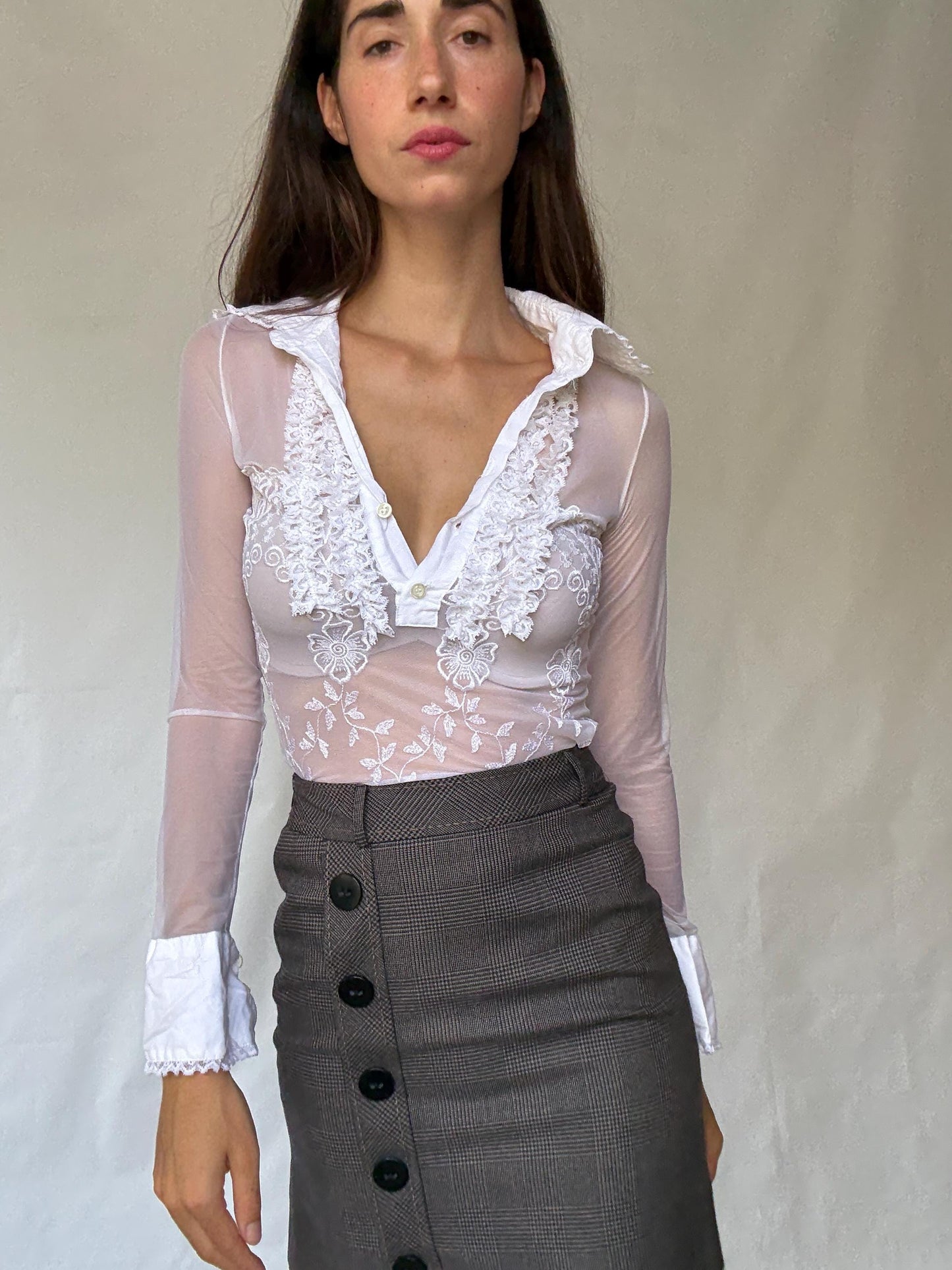 United Colors of Benetton White Sheer Bodysuit With Lace Details and Floral Embroidery Inspired by Y2K Style XS US Size