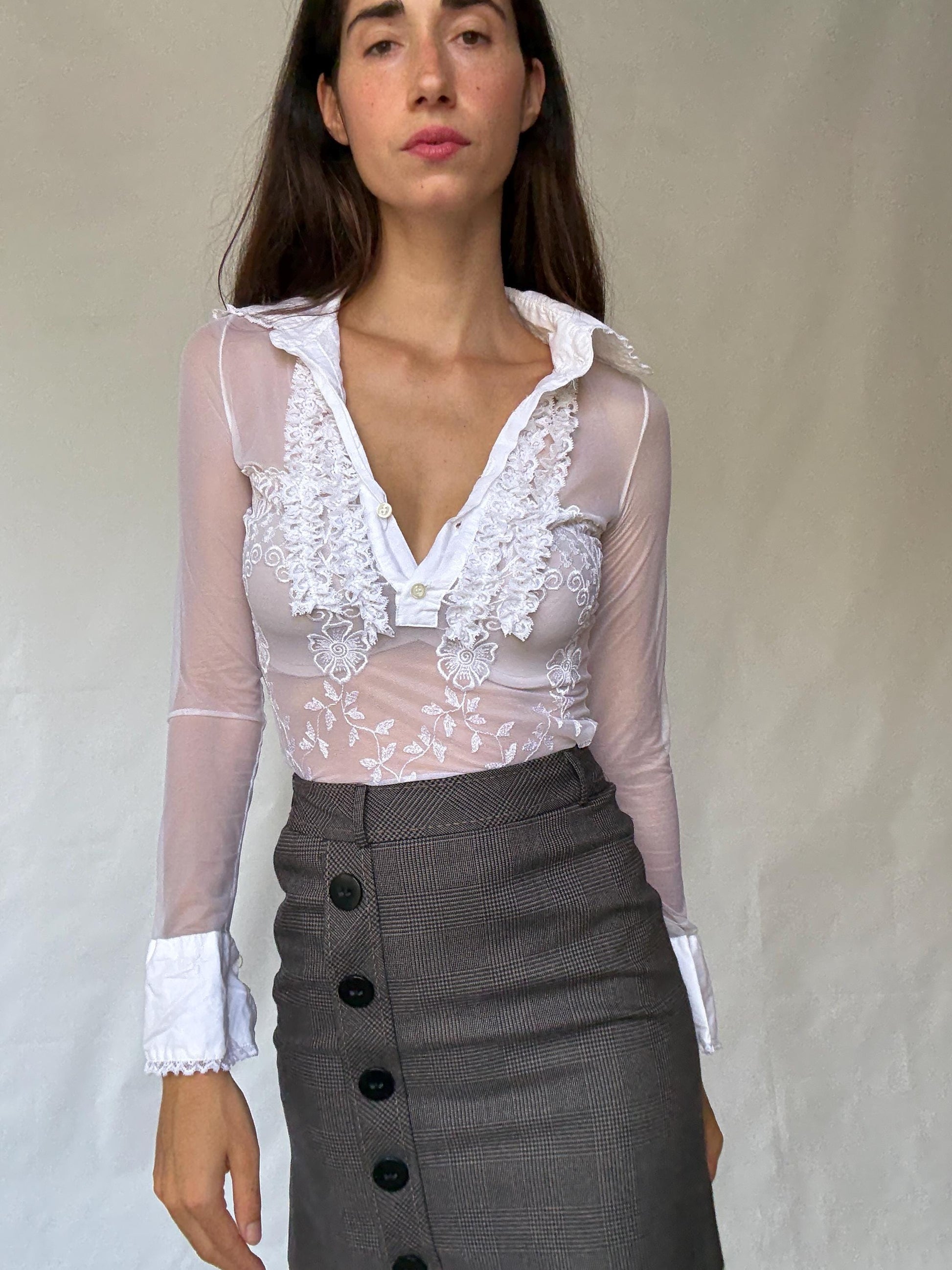 United Colors of Benetton White Sheer Bodysuit With Lace Details and Floral Embroidery Inspired by Y2K Style XS US Size