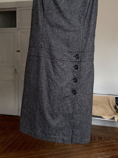 Dress in Pure Wool Blend with Asymmetrical Detailing and Button Accents, US Size M