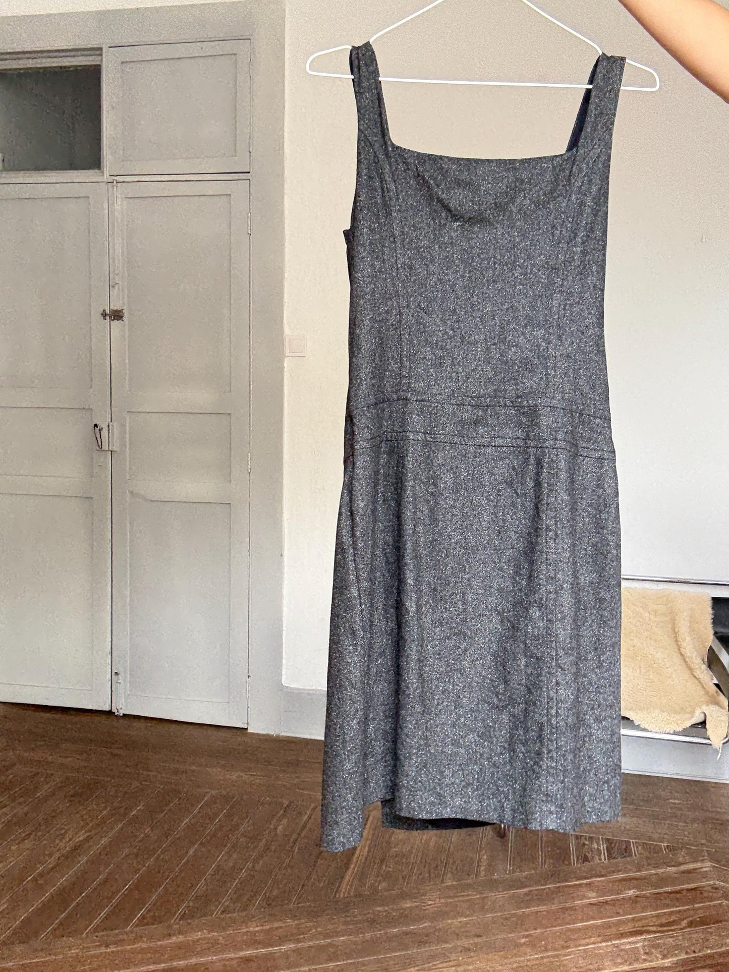 United Colors of Benetton Dress in Pure Wool Blend with Asymmetrical Detailing and Button Accents, US Size M