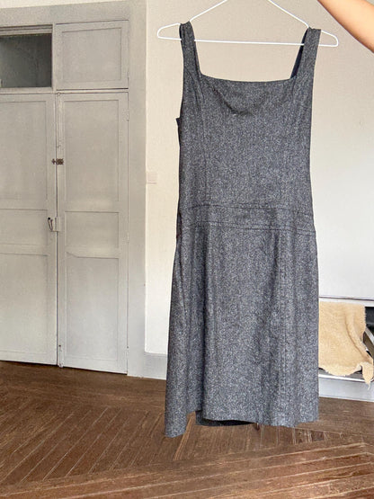 Dress in Pure Wool Blend with Asymmetrical Detailing and Button Accents, US Size M