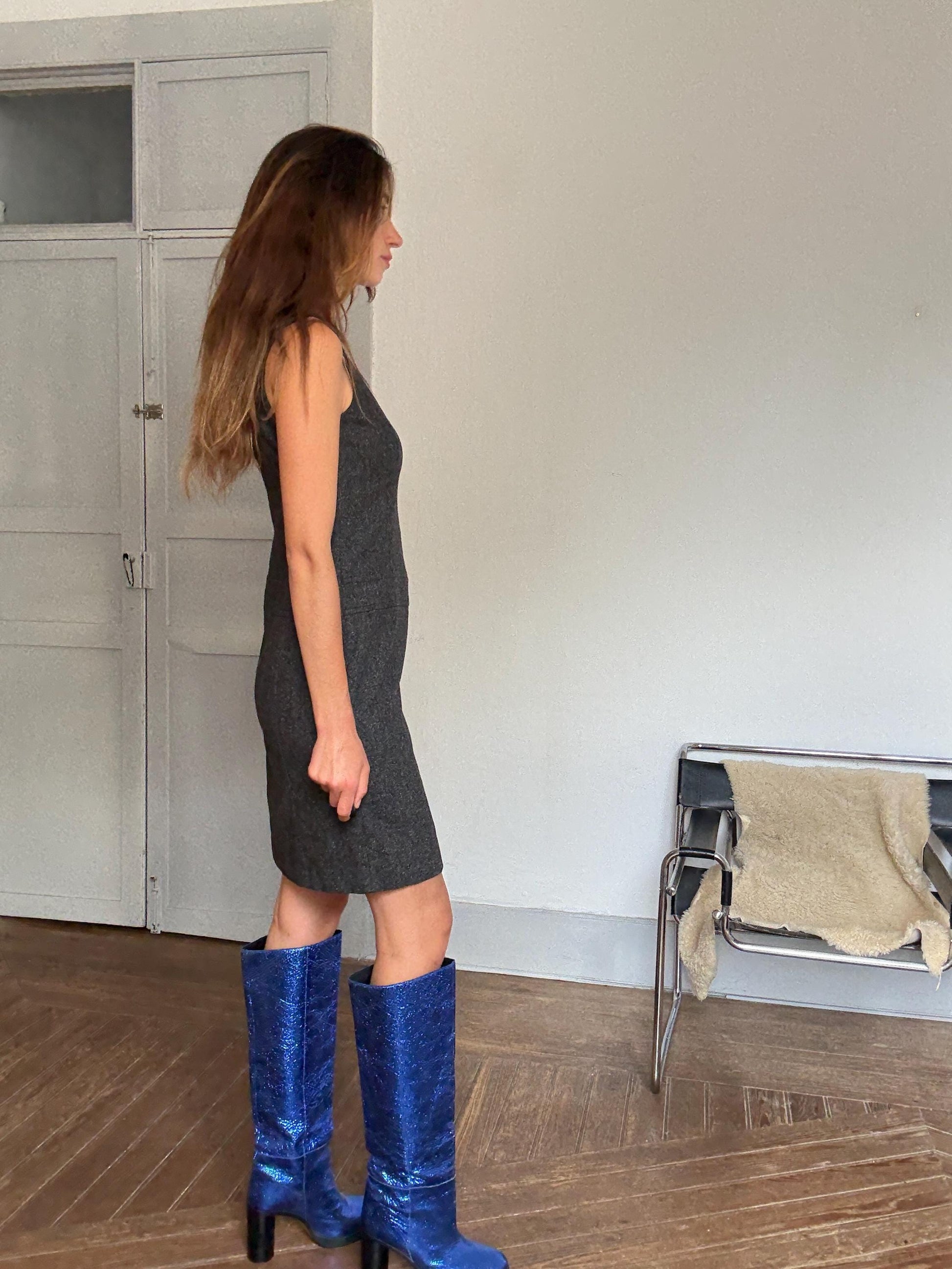 United Colors of Benetton Dress in Pure Wool Blend with Asymmetrical Detailing and Button Accents, US Size M