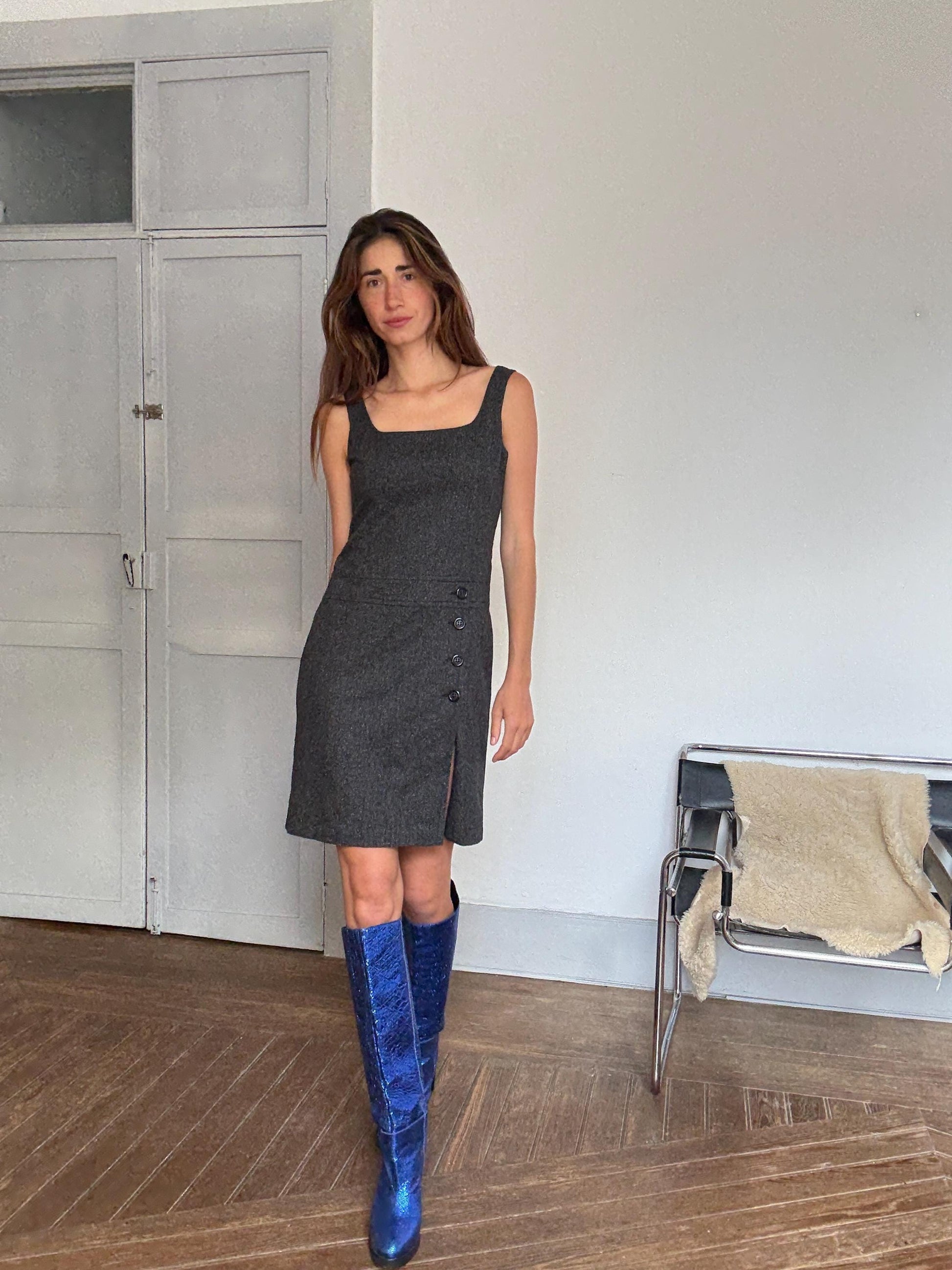 Dress in Pure Wool Blend with Asymmetrical Detailing and Button Accents, US Size M