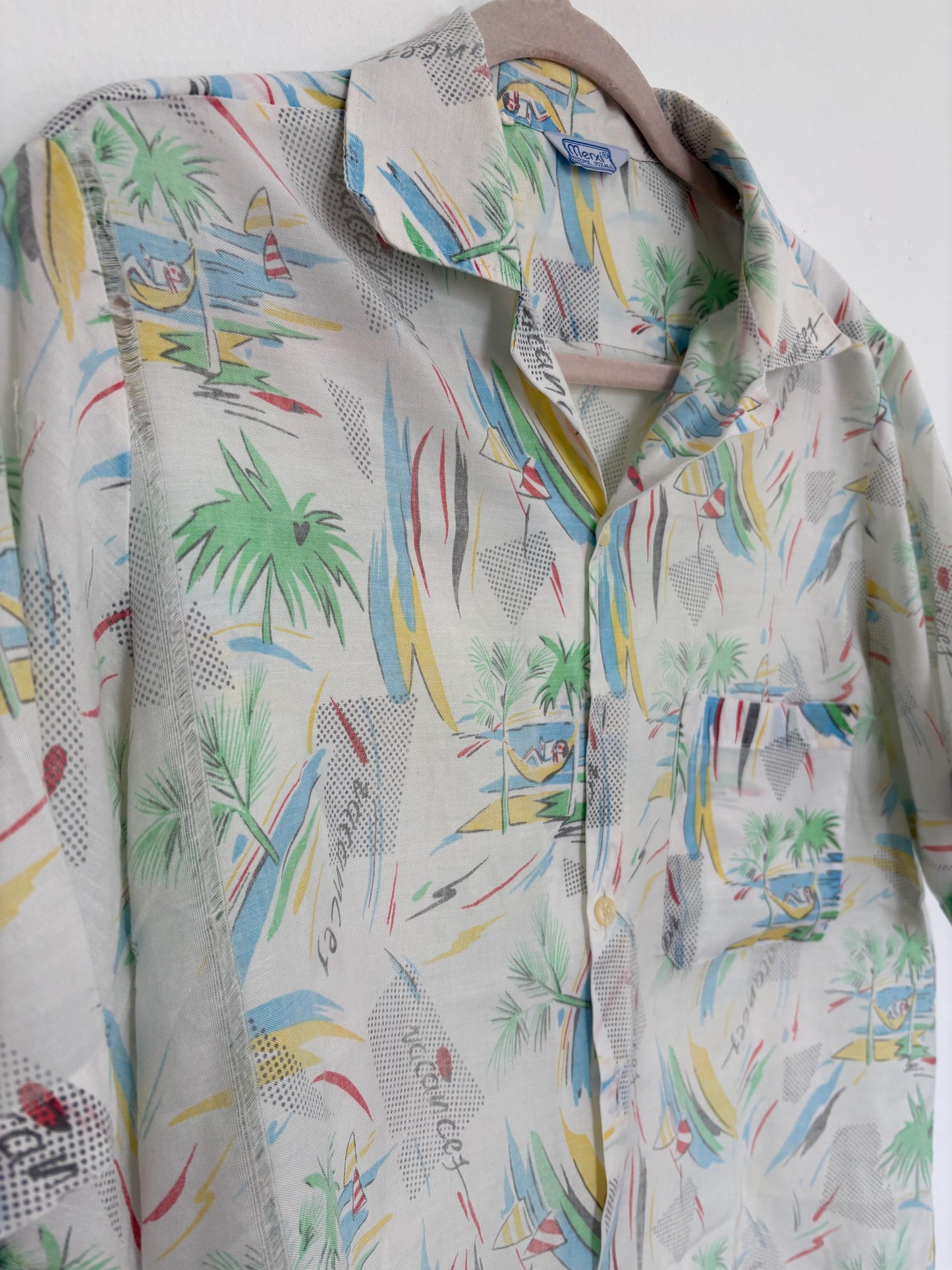 Vintage Men's Short Sleeve Button-Up Shirt with Pastel Tropical Print, Casual Relaxed Style, 1980s Fashion, David Bowie Style, US XL