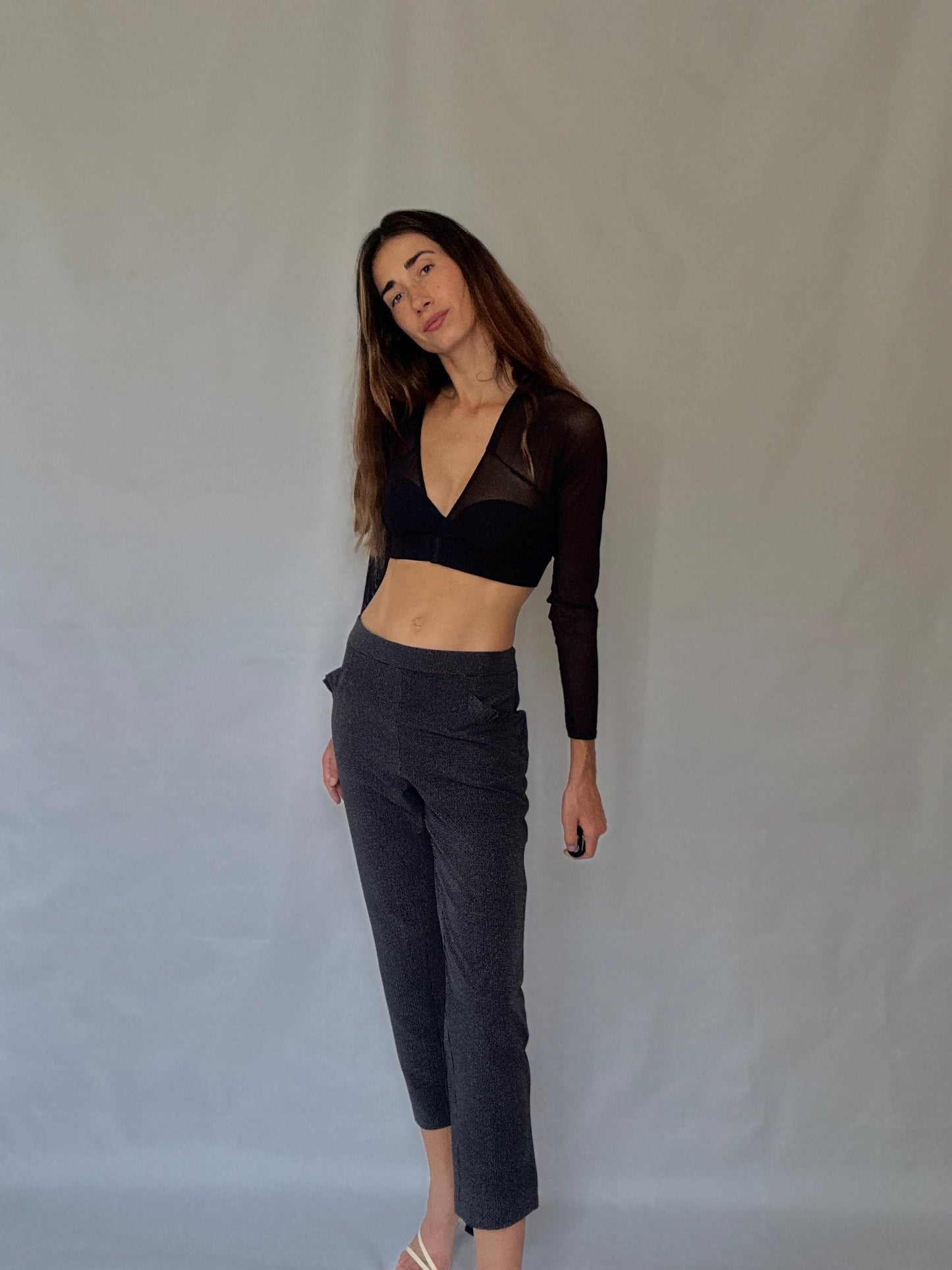 Cortefiel grey stretch trousers – check micro pattern, straight leg cropped fit, high waist, modern XL US, soft and comfy work pants