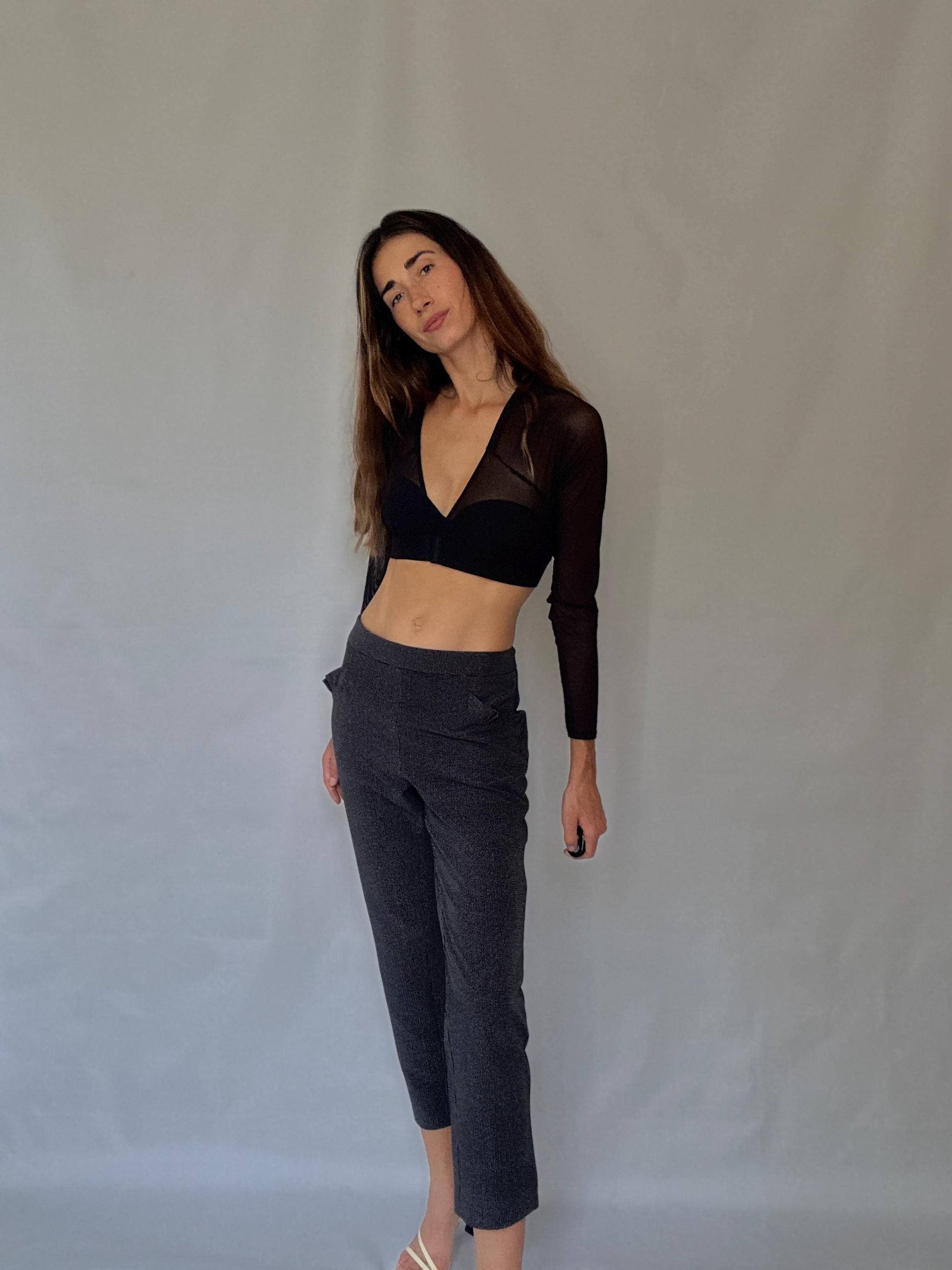 Cortefiel grey stretch trousers – check micro pattern, straight leg cropped fit, high waist, modern XL US, soft and comfy work pants