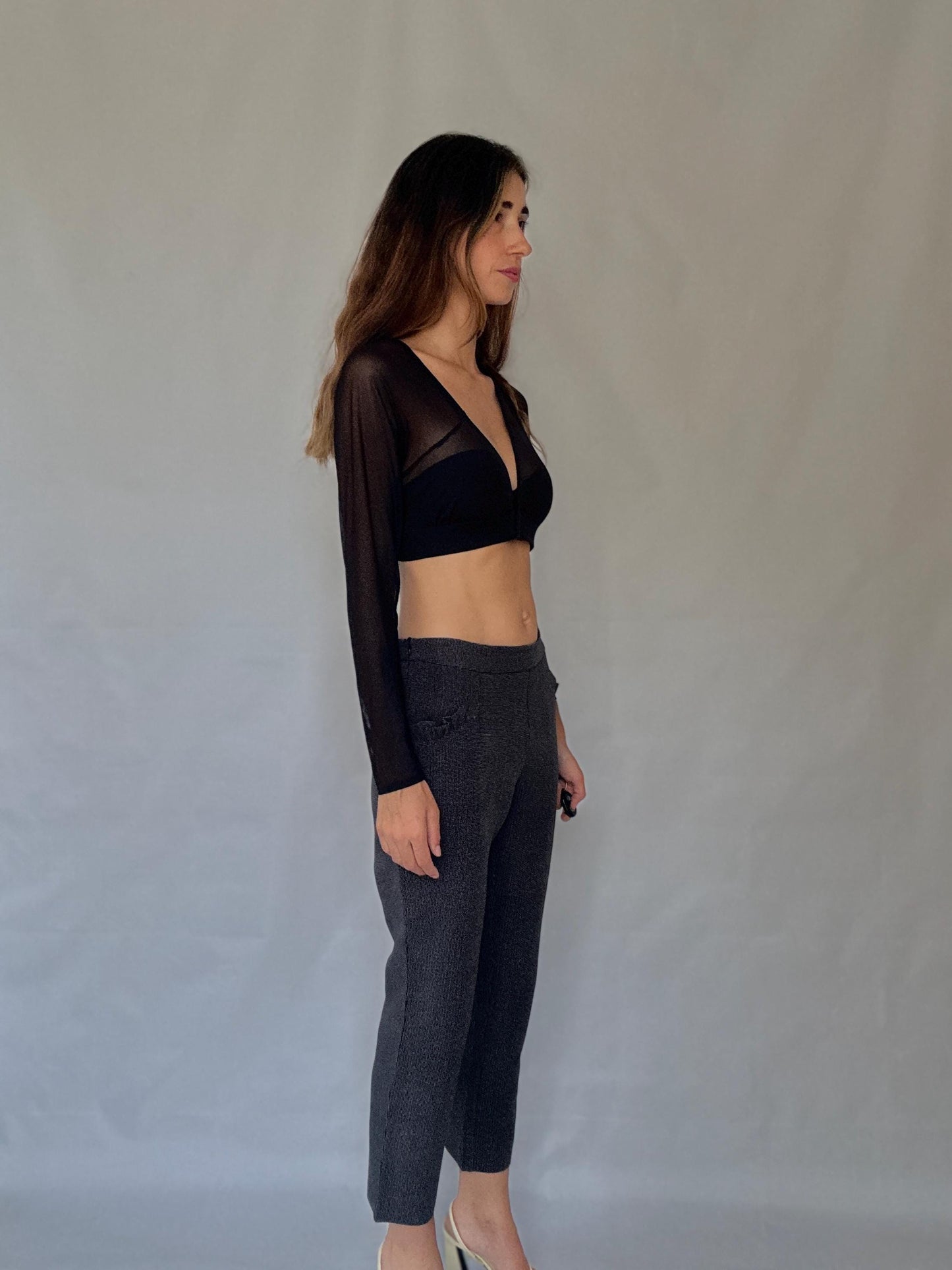 Cortefiel grey stretch trousers – check micro pattern, straight leg cropped fit, high waist, modern XL US, soft and comfy work pants