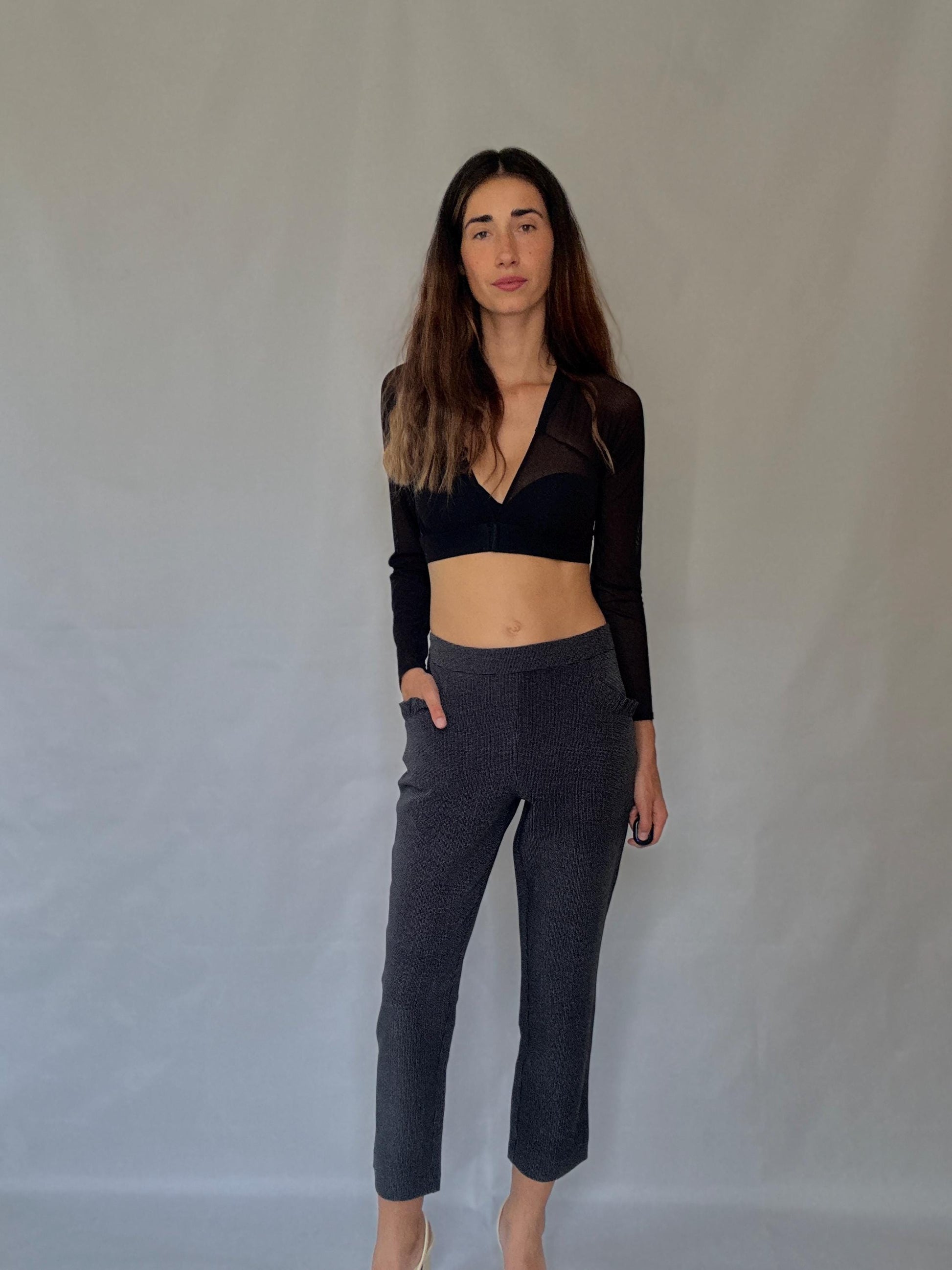 Cortefiel grey stretch trousers – check micro pattern, straight leg cropped fit, high waist, modern XL US, soft and comfy work pants