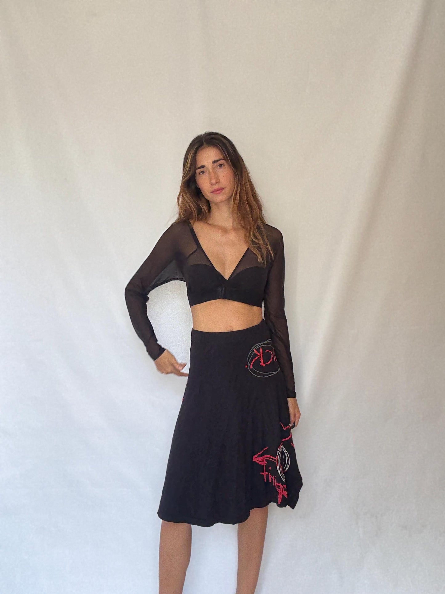 Desigual black cotton midi skirt M graffiti print Y2K style flowy asymmetrical hem 100% cotton summer skirt streetwear aesthetic