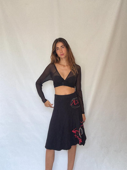 Desigual Black Cotton Graffiti Midi Skirt Y2K Asymmetric