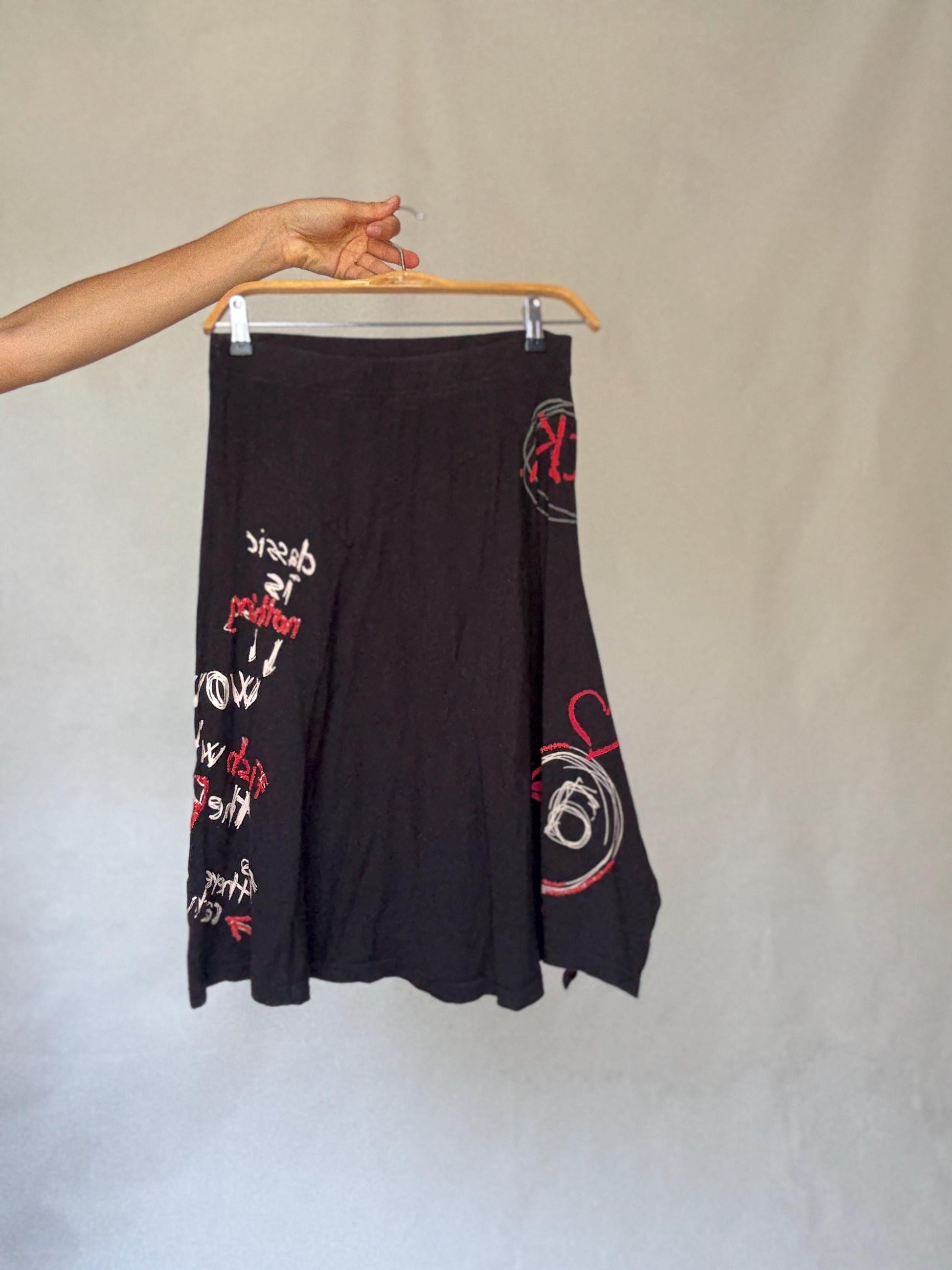 Desigual black cotton midi skirt M graffiti print Y2K style flowy asymmetrical hem 100% cotton summer skirt streetwear aesthetic