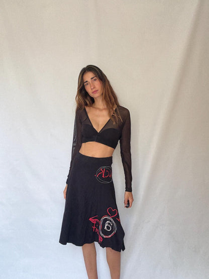Desigual Black Cotton Graffiti Midi Skirt Y2K Asymmetric