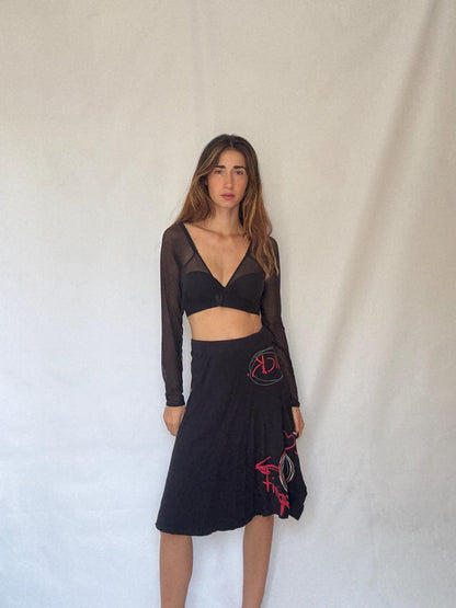 Desigual Black Cotton Graffiti Midi Skirt Y2K Asymmetric