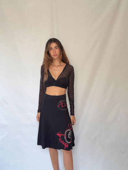 Desigual Black Cotton Graffiti Midi Skirt Y2K Asymmetric