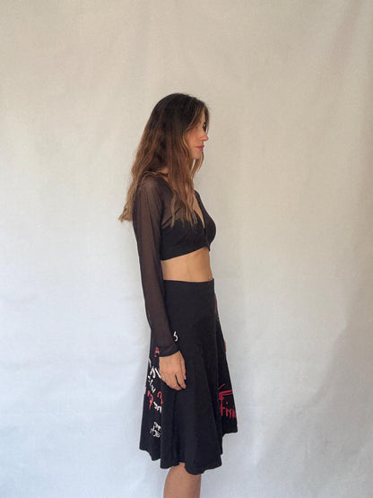 Desigual Black Cotton Graffiti Midi Skirt Y2K Asymmetric