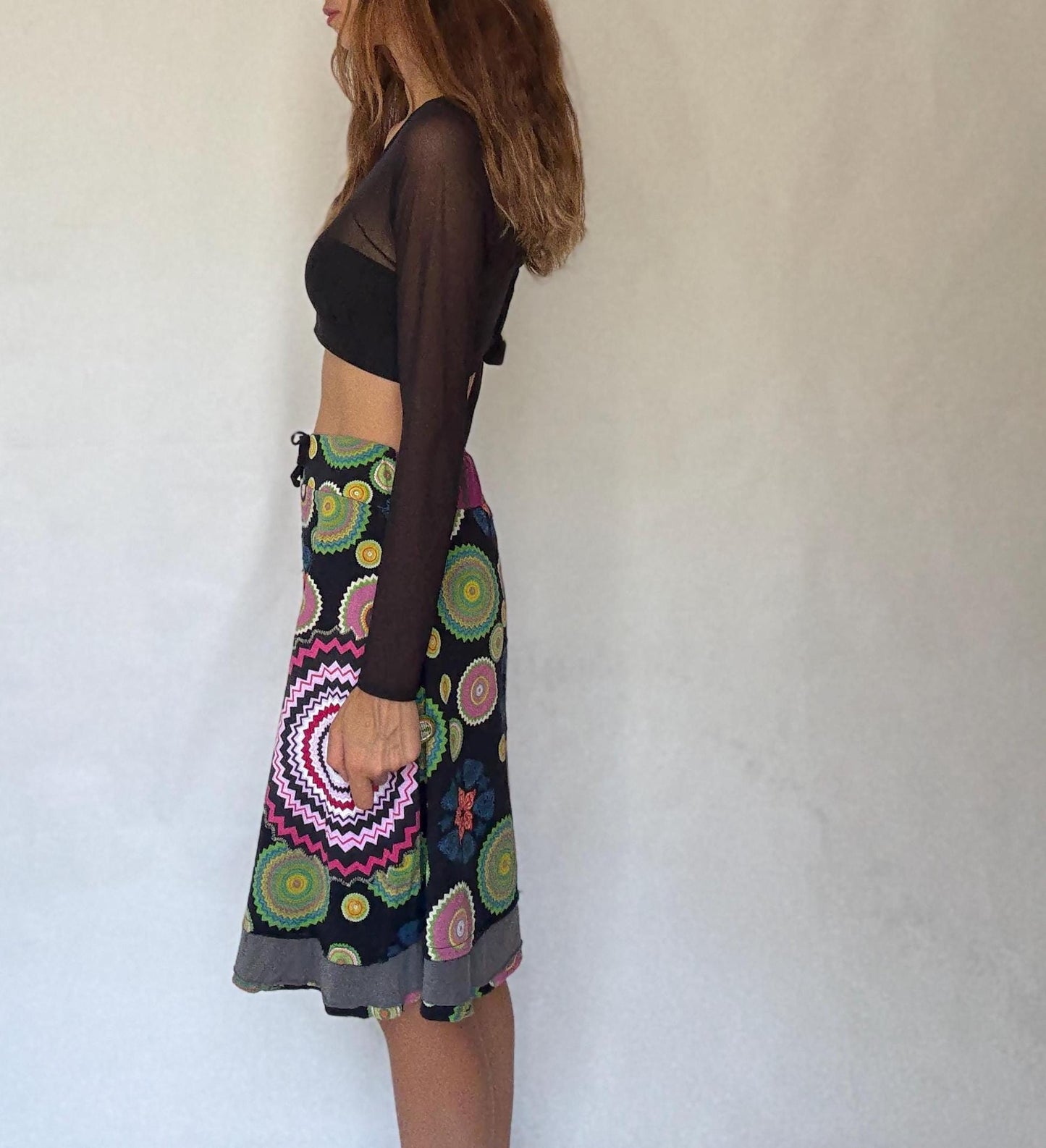 Desigual black rainbow patchwork skirt, Size XL cotton artsy layered boho midi fit, drawstring waist summer skirt, colorful festival wear
