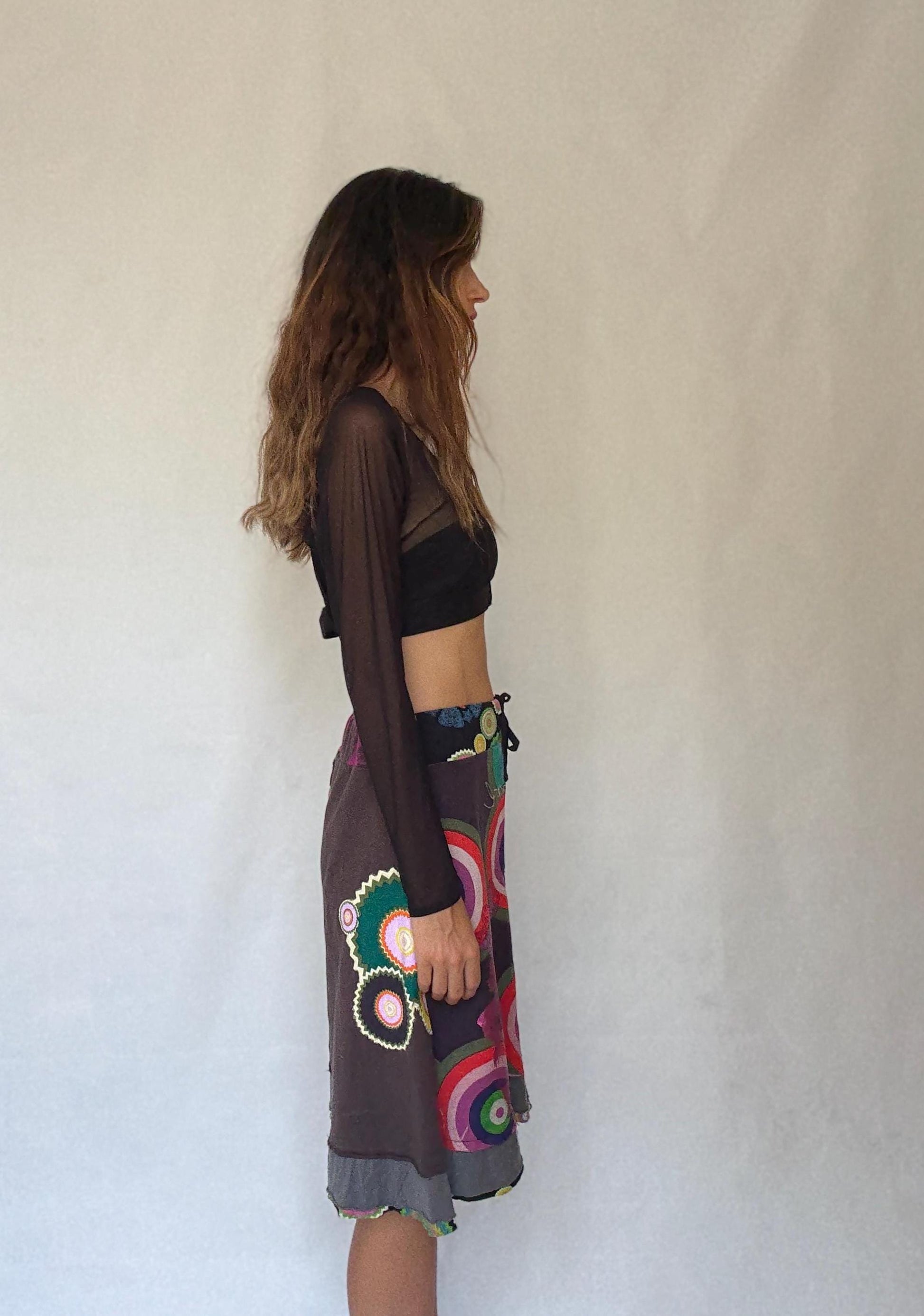 Desigual black rainbow patchwork skirt, Size XL cotton artsy layered boho midi fit, drawstring waist summer skirt, colorful festival wear