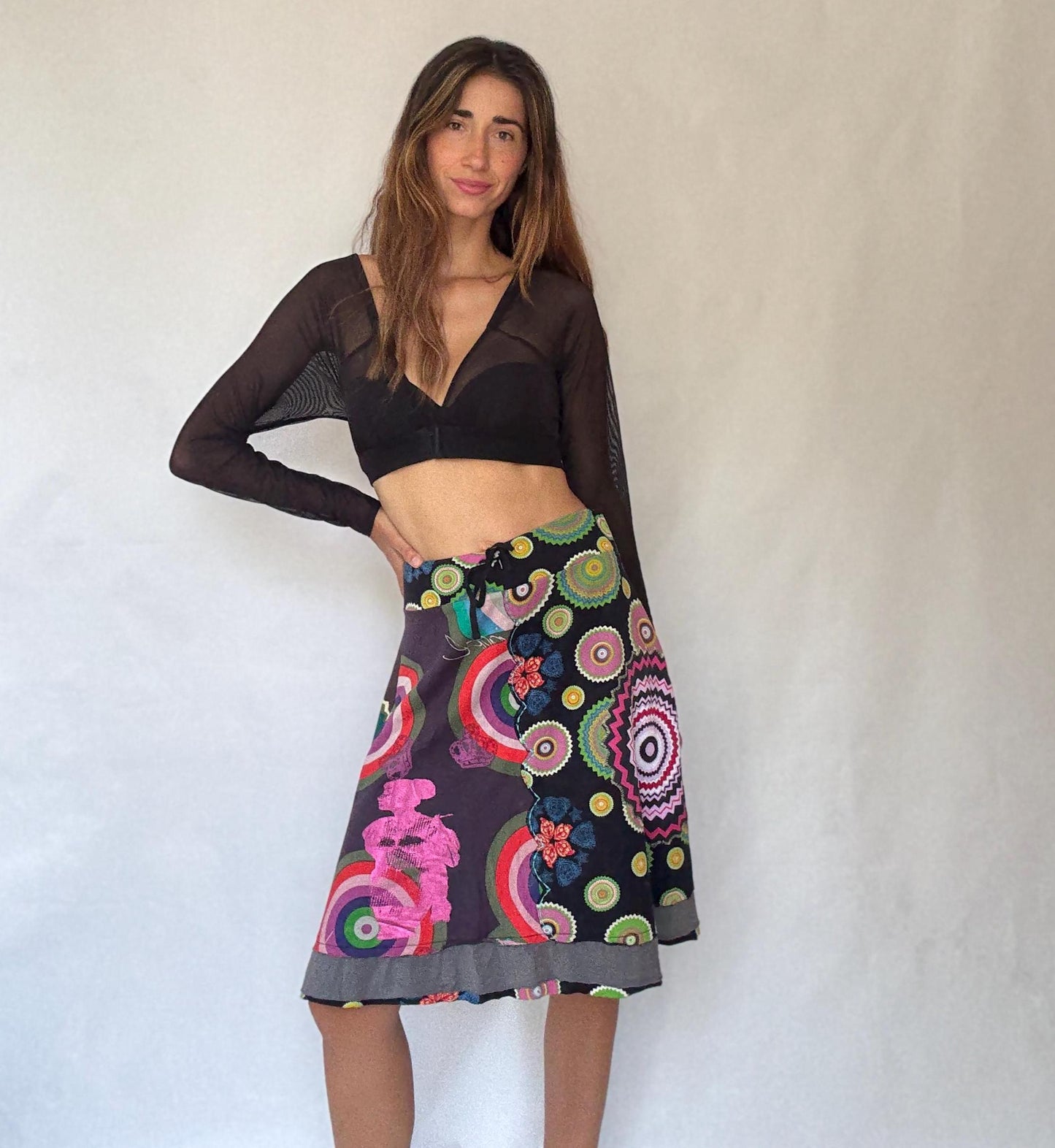 Desigual black rainbow patchwork skirt, Size XL cotton artsy layered boho midi fit, drawstring waist summer skirt, colorful festival wear