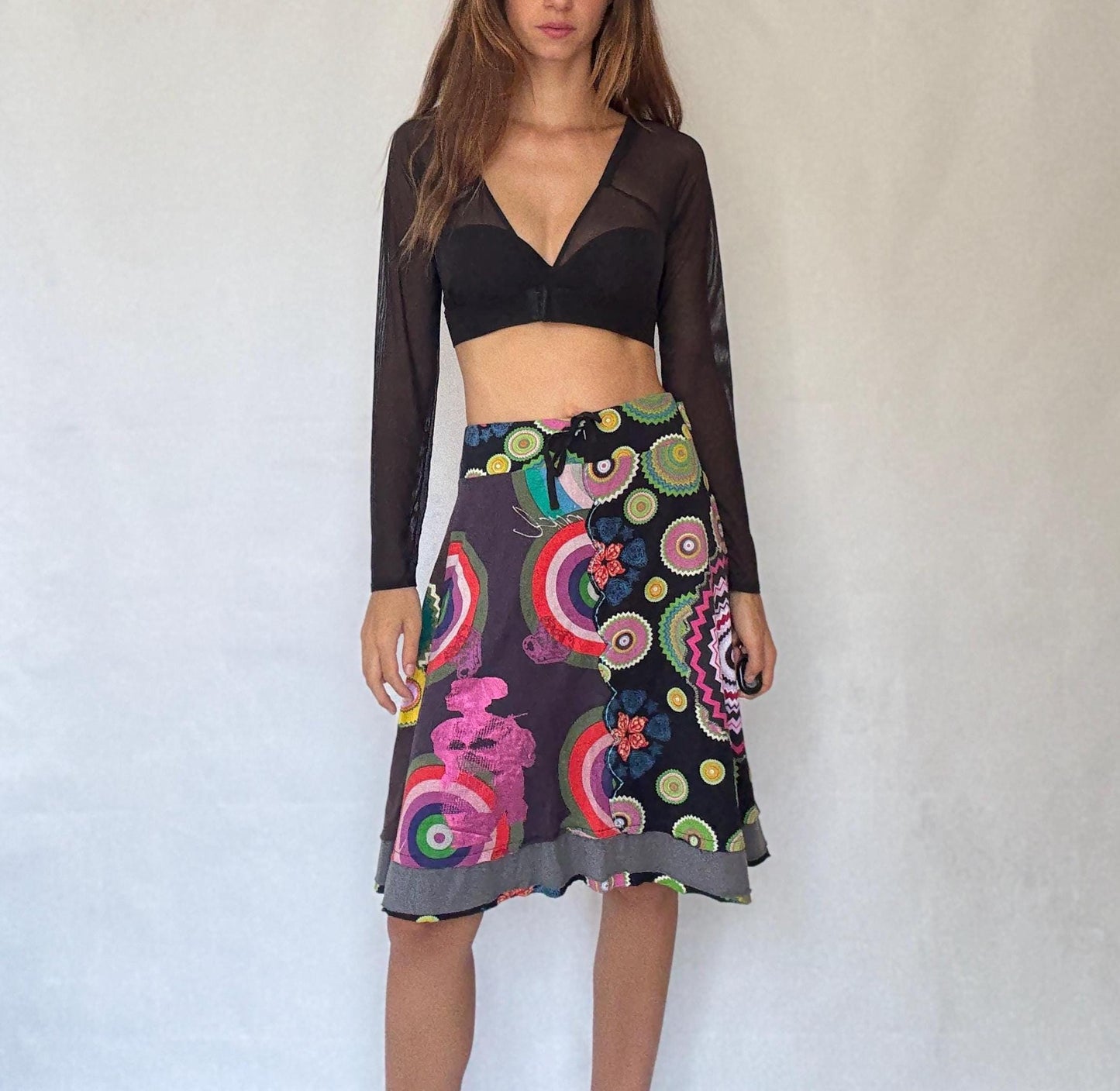 Desigual black rainbow patchwork skirt, Size XL cotton artsy layered boho midi fit, drawstring waist summer skirt, colorful festival wear
