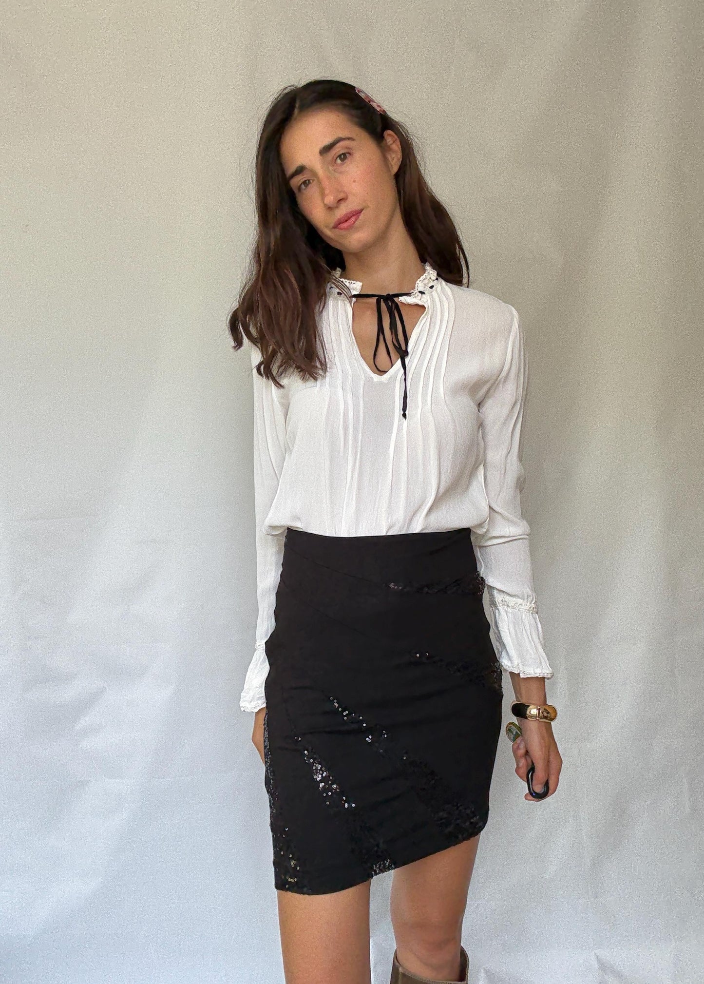 Sophisticated Morgan Skirt with Sequined Accents in Black for a US Size 4 - 6 with Y2K and Minimalist Vibe, Tilda Swinton Style