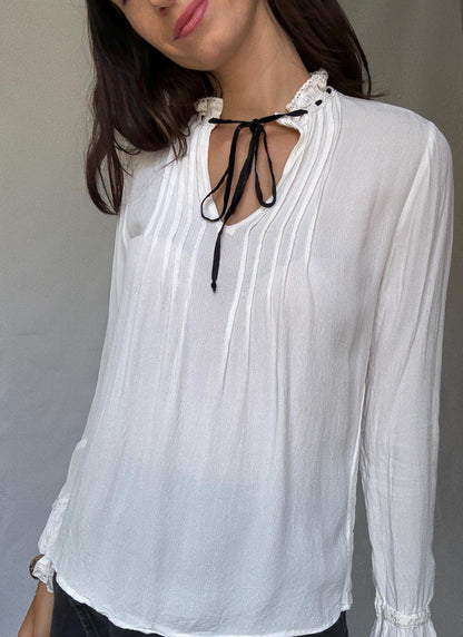 Bohemian White Blouse With Black Tie Detail — fabric close-up
