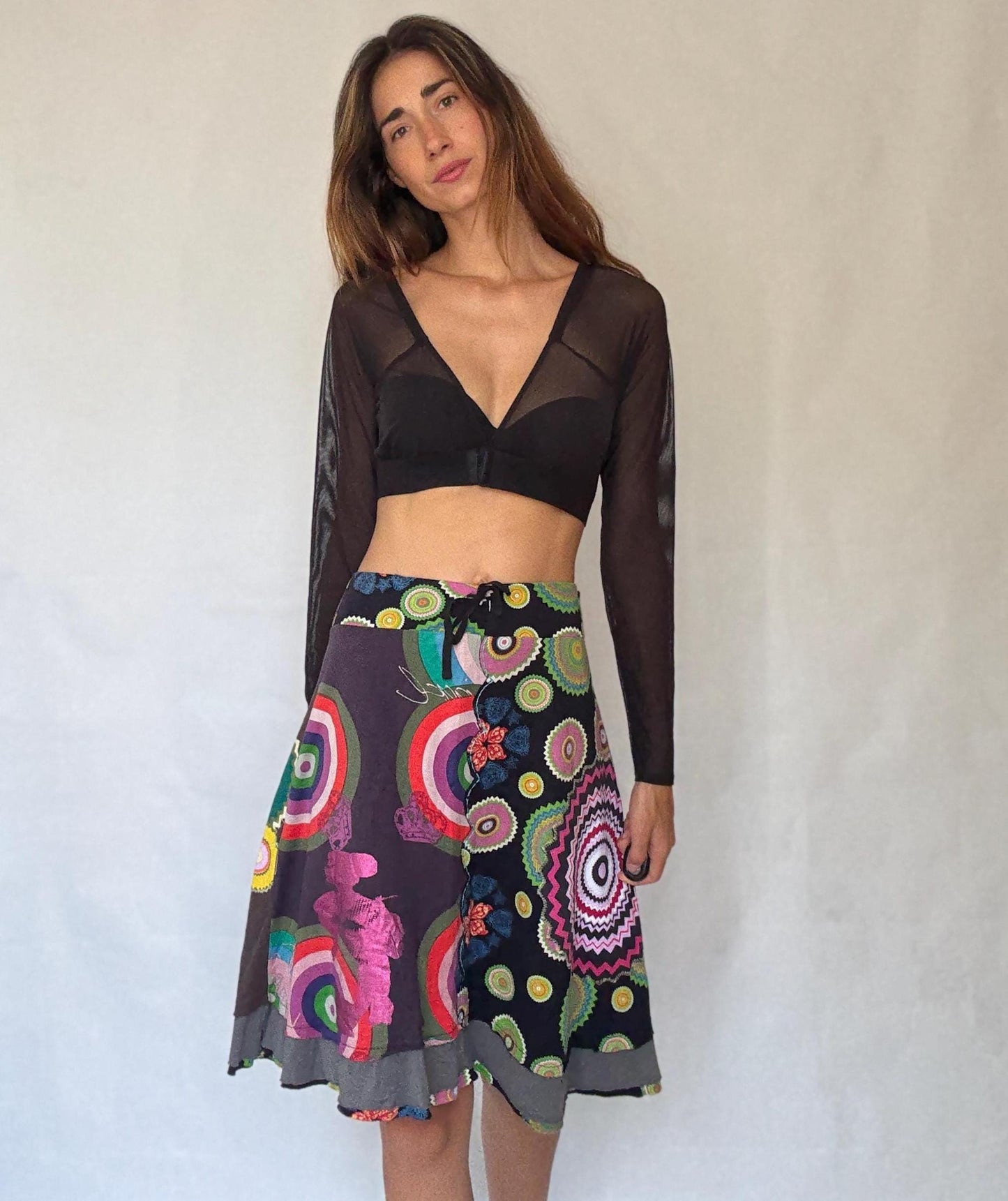 Desigual black rainbow patchwork skirt, Size XL cotton artsy layered boho midi fit, drawstring waist summer skirt, colorful festival wear