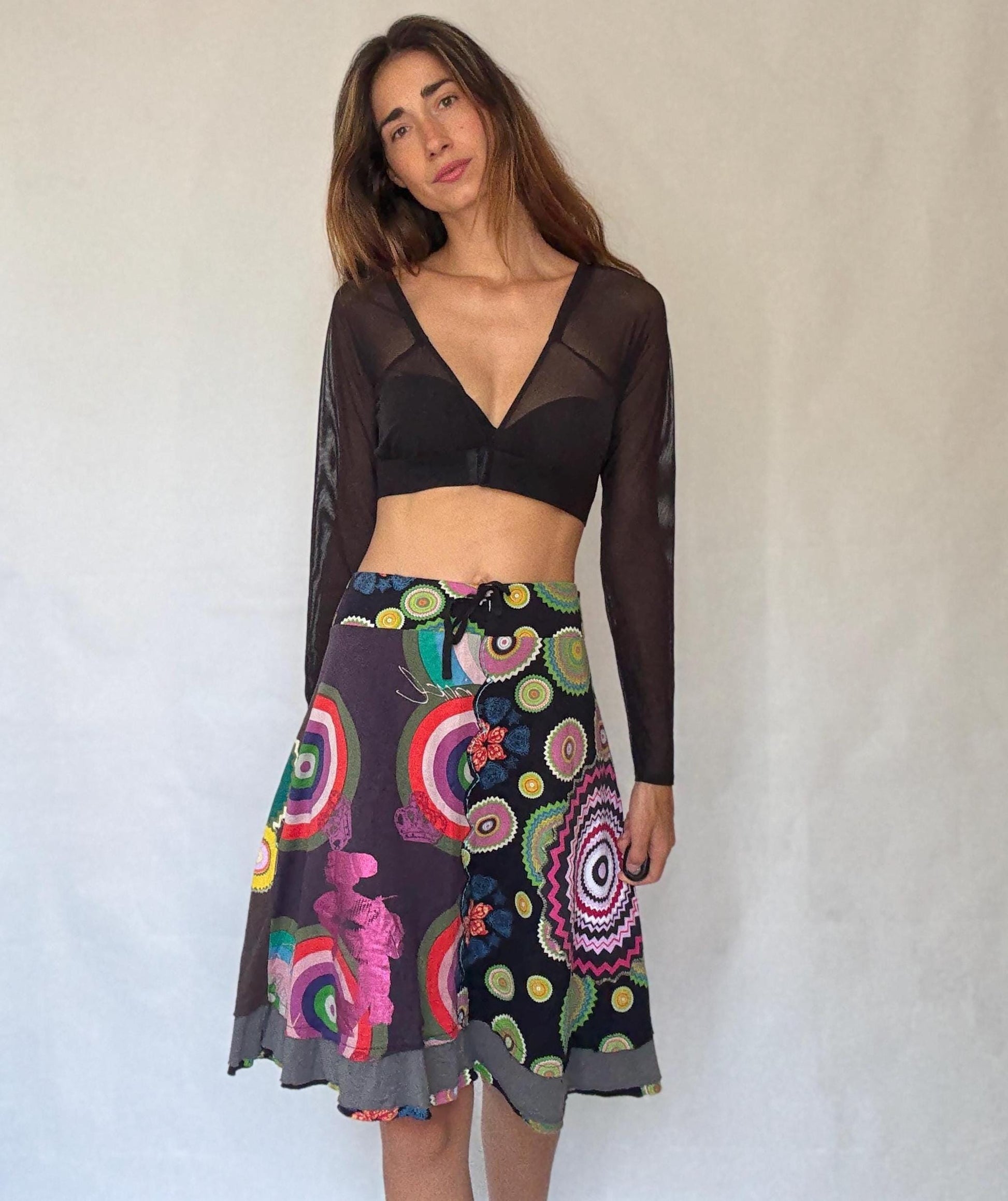 Desigual black rainbow patchwork skirt, Size XL cotton artsy layered boho midi fit, drawstring waist summer skirt, colorful festival wear