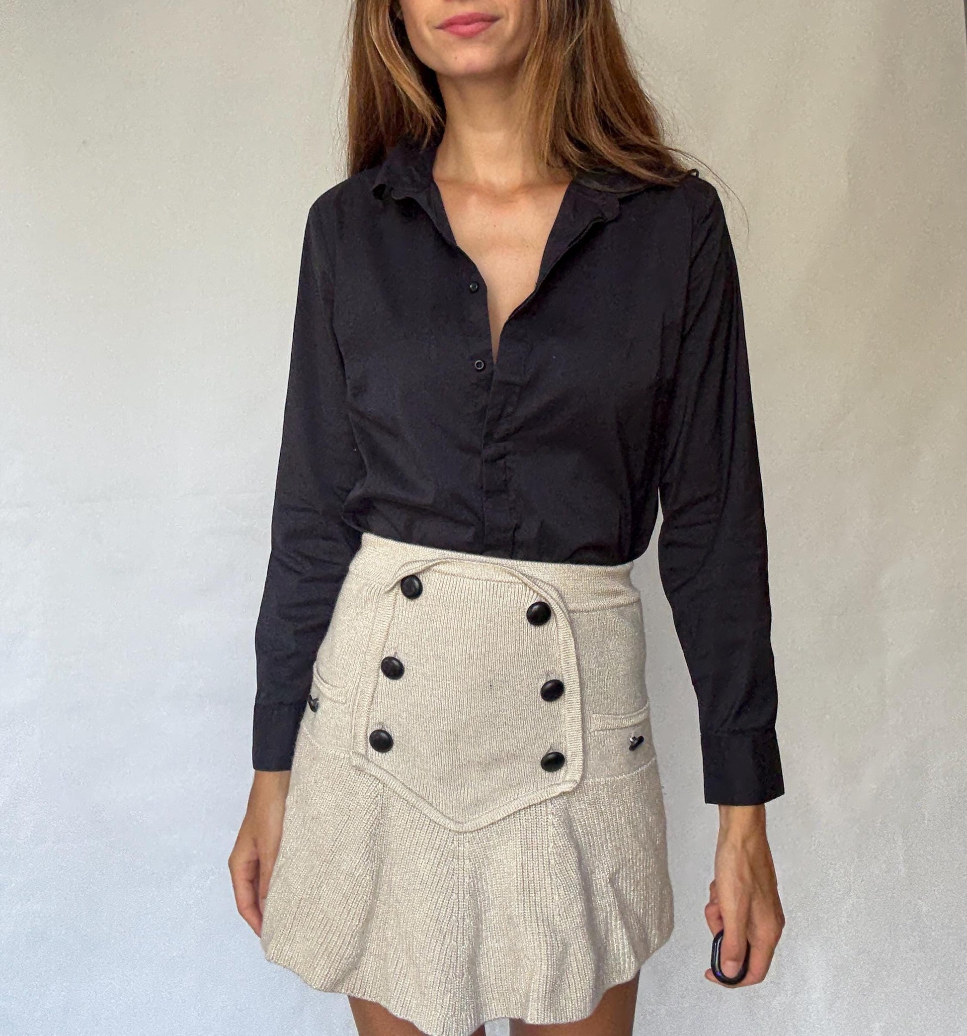 Preppy black button-up cotton-feel Benneton shirt with darted waist | Classic collared blouse | US M fit – fitted smart casual style