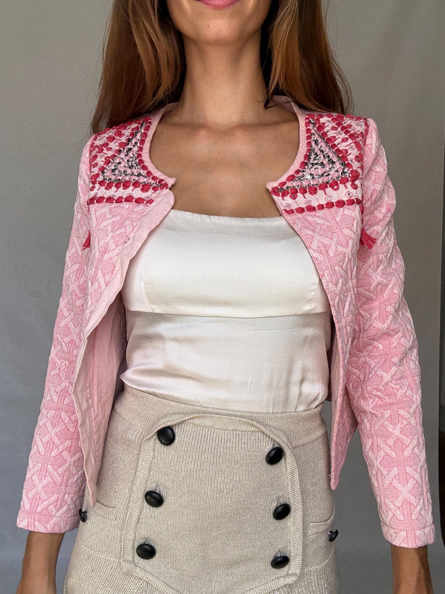 Pink Embellished Jacket with Sequins and Tassels – Barbiecore Cropped Blazer – Textured Boho Partywear XXS - XS