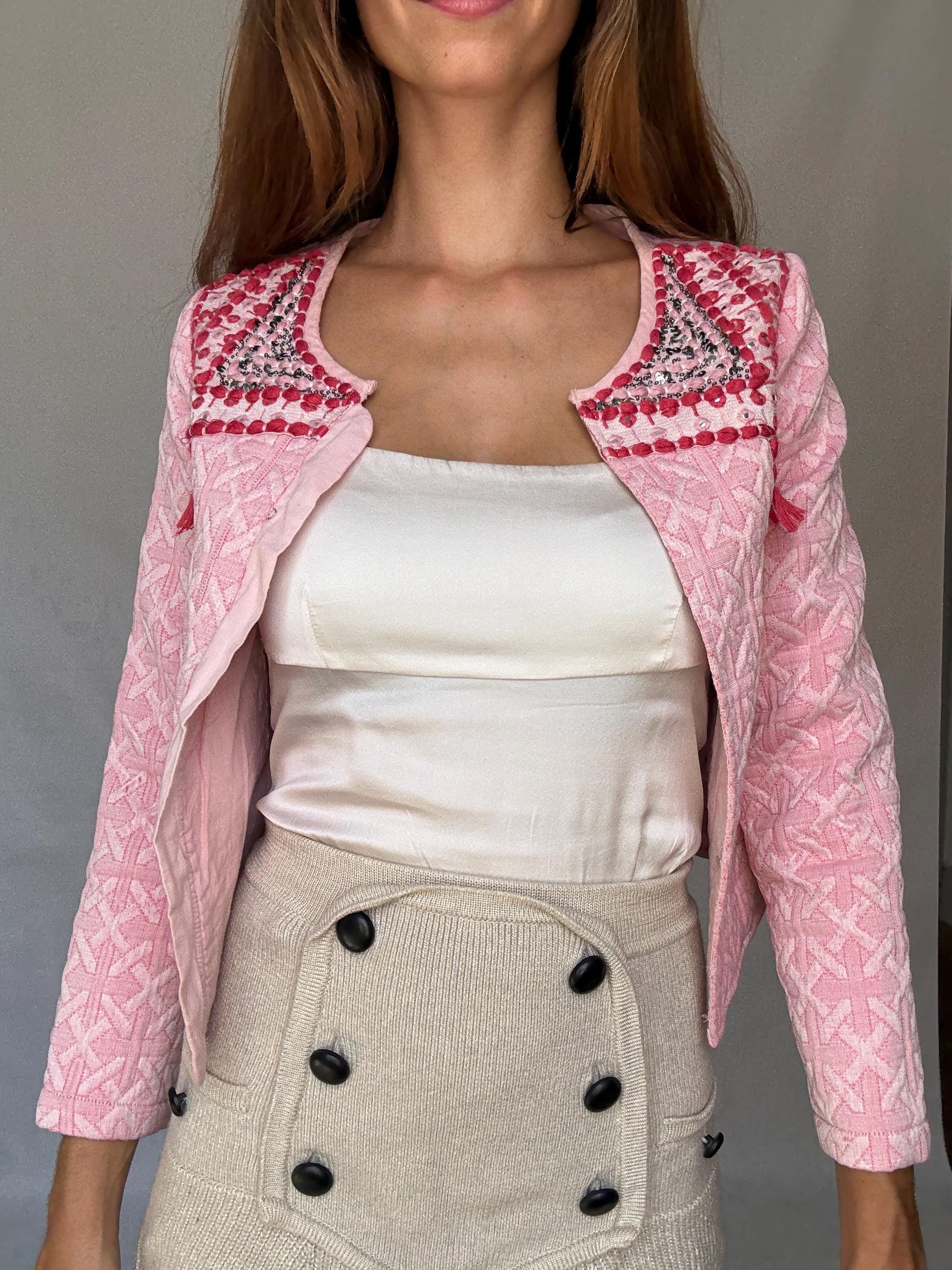 Pink Embellished Jacket with Sequins and Tassels – Barbiecore Cropped Blazer – Textured Boho Partywear XXS - XS