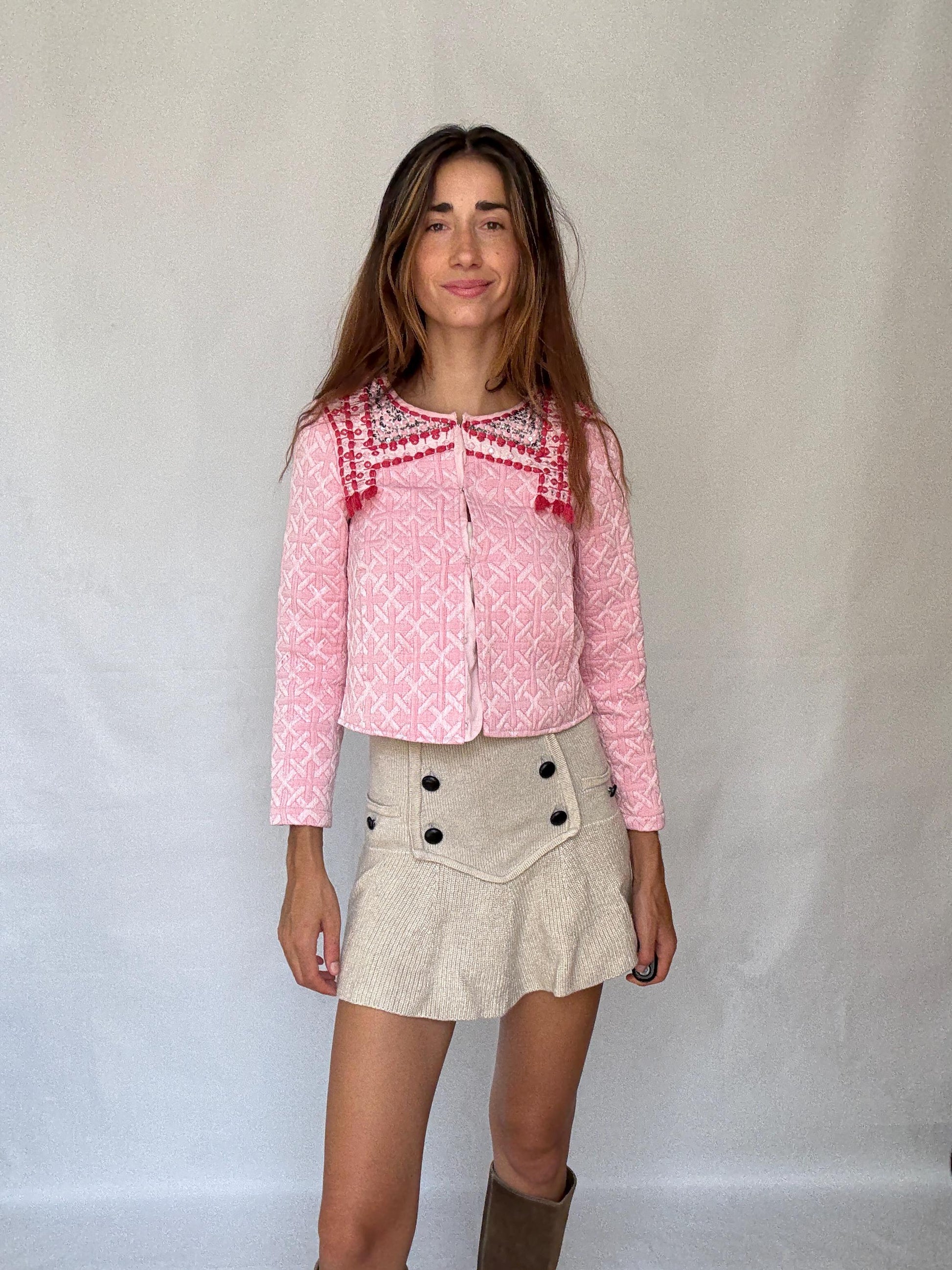 Pink Embellished Jacket with Sequins and Tassels – Barbiecore Cropped Blazer – Textured Boho Partywear XXS - XS