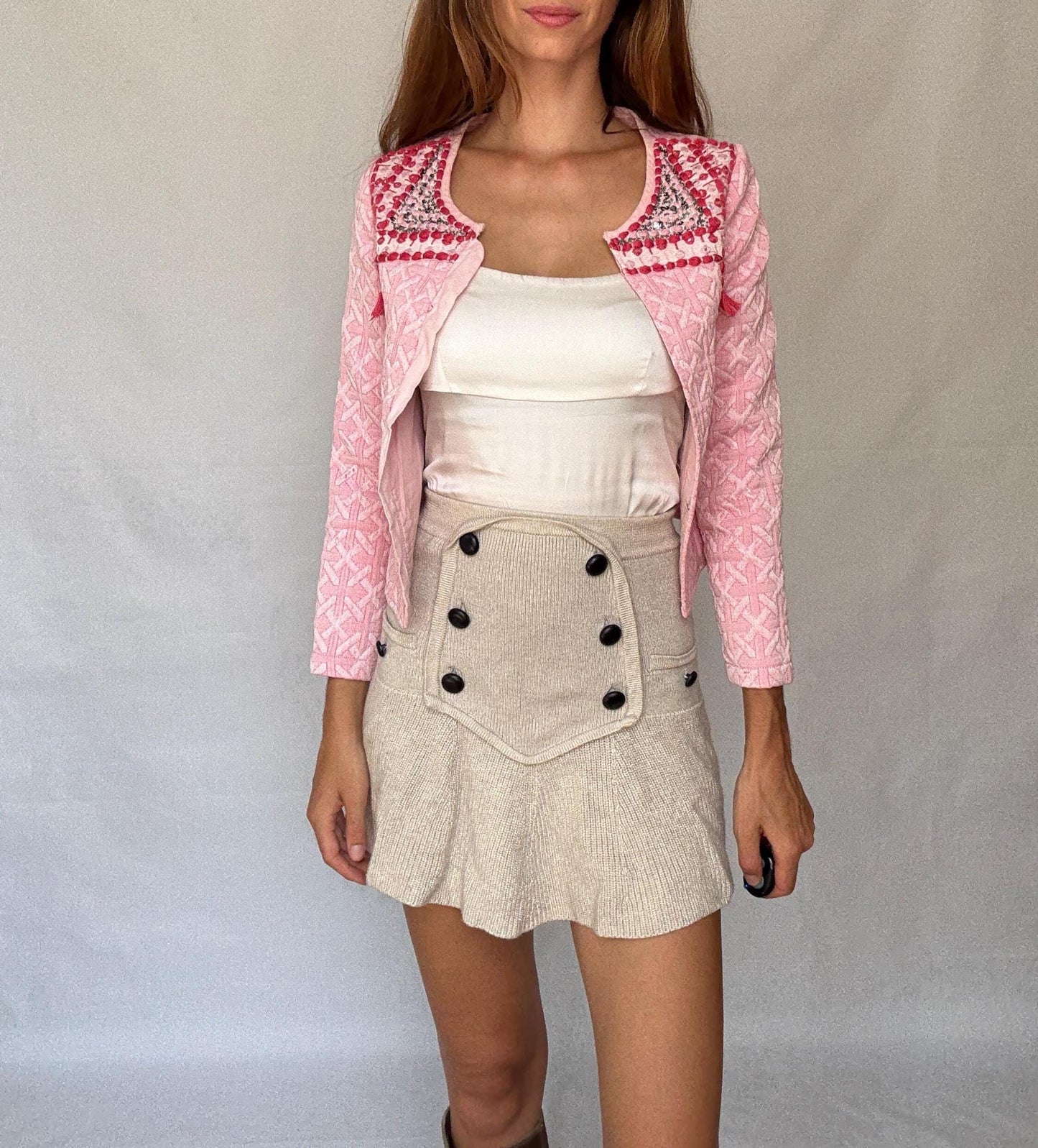 Pink Embellished Jacket with Sequins and Tassels – Barbiecore Cropped Blazer – Textured Boho Partywear XXS - XS