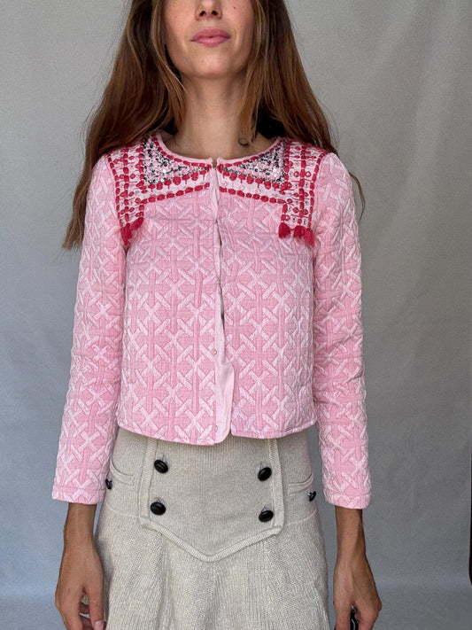 Pink Embellished Jacket with Sequins and Tassels – Barbiecore Cropped Blazer – Textured Boho Partywear XXS - XS