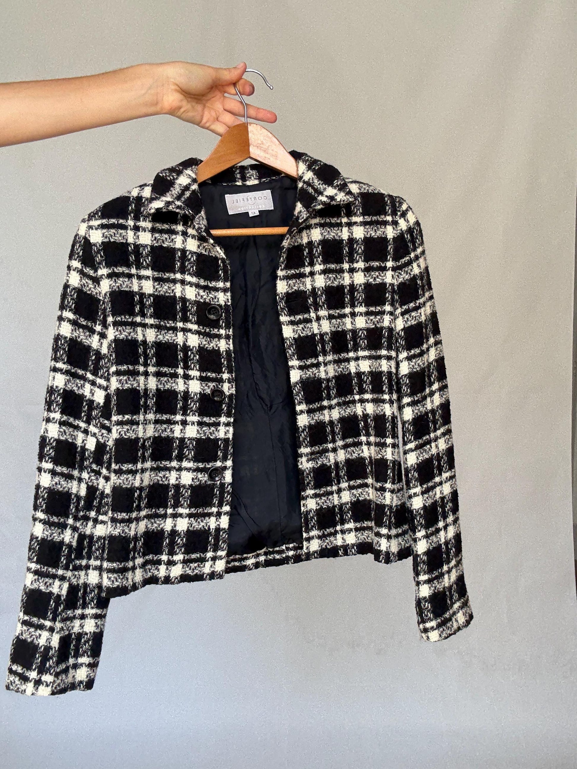 Wool Plaid Jacket – Black White Tweed Style Blazer – Vintage French Girl Aesthetic – Cropped Preppy Fall Coat – Size S