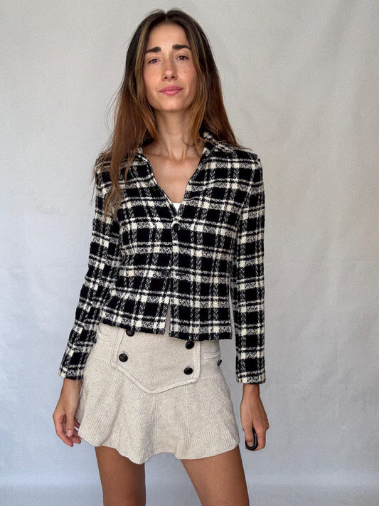 Wool Plaid Jacket – Black White Tweed Style Blazer – Vintage French Girl Aesthetic – Cropped Preppy Fall Coat – Size S