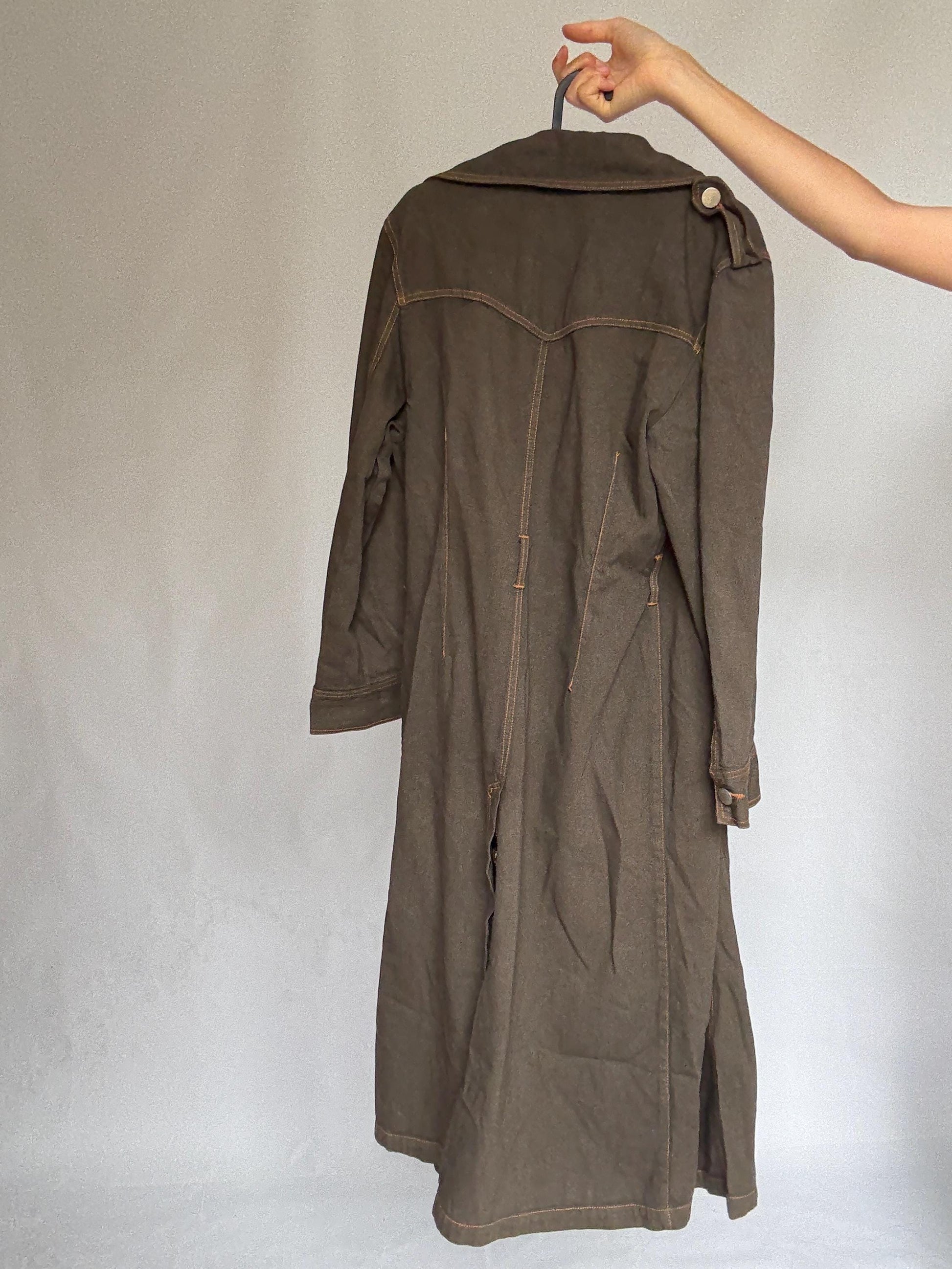 Heavy dark denim trench coat with double breasted front – long sturdy fit, unlined raw inside, fits like US XL letter size, preppy goth edge