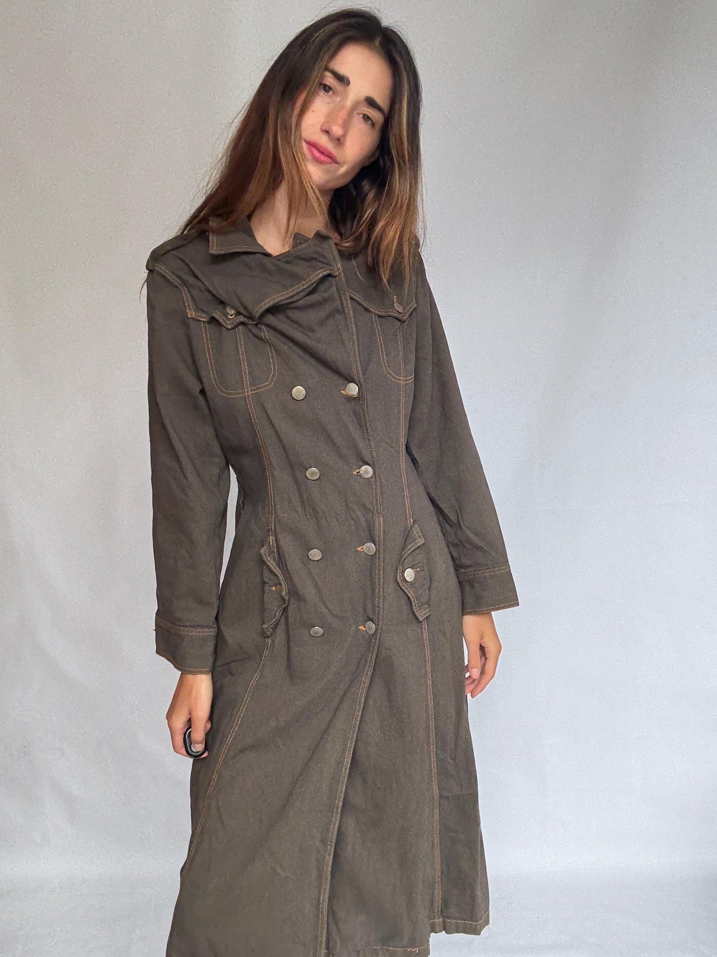 Heavy dark denim trench coat with double breasted front – long sturdy fit, unlined raw inside, fits like US XL letter size, preppy goth edge