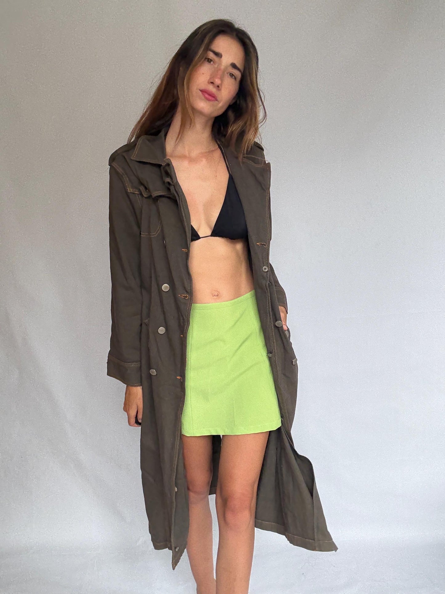 Heavy dark denim trench coat with double breasted front – long sturdy fit, unlined raw inside, fits like US XL letter size, preppy goth edge