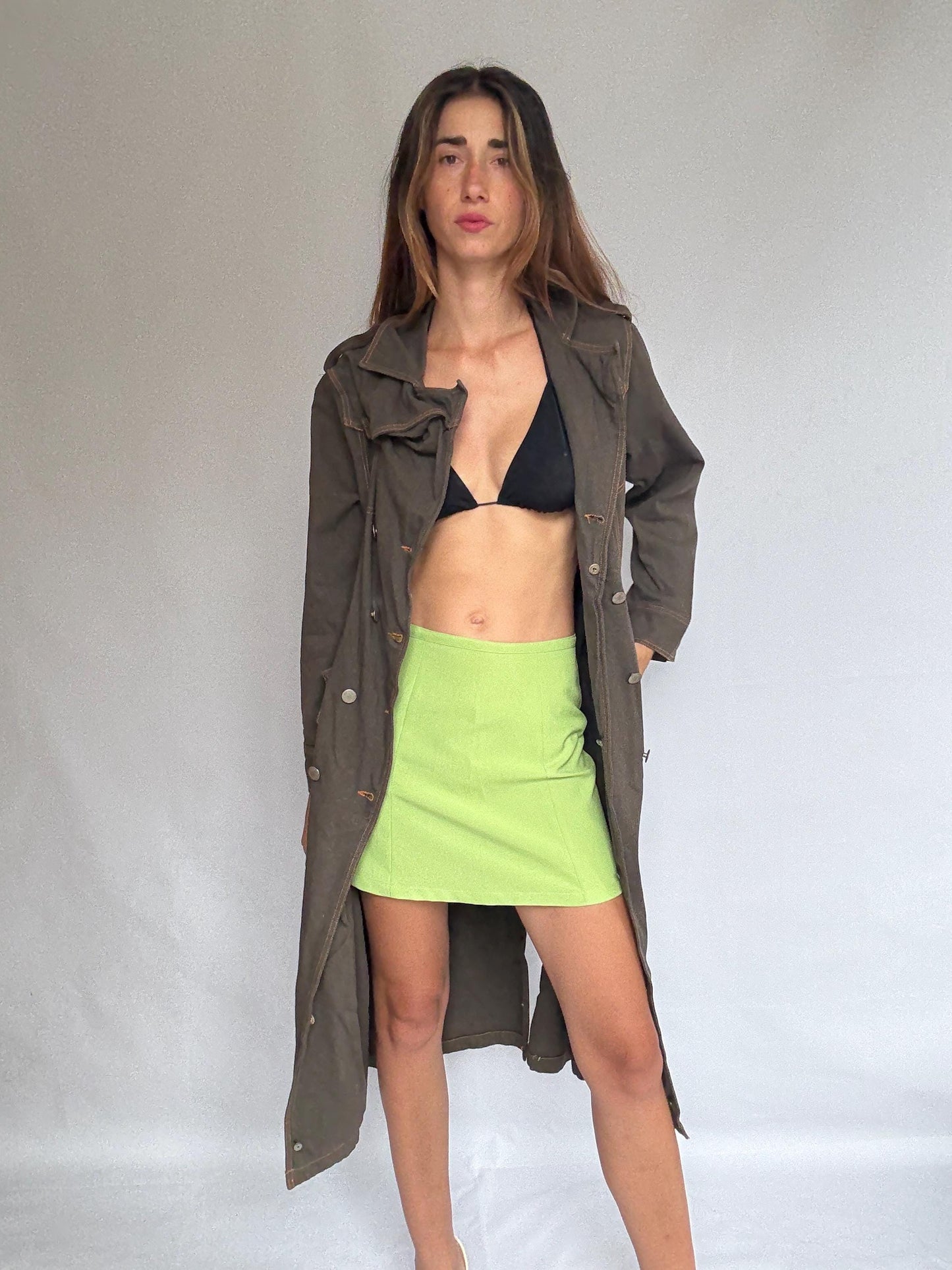 Heavy dark denim trench coat with double breasted front – long sturdy fit, unlined raw inside, fits like US XL letter size, preppy goth edge