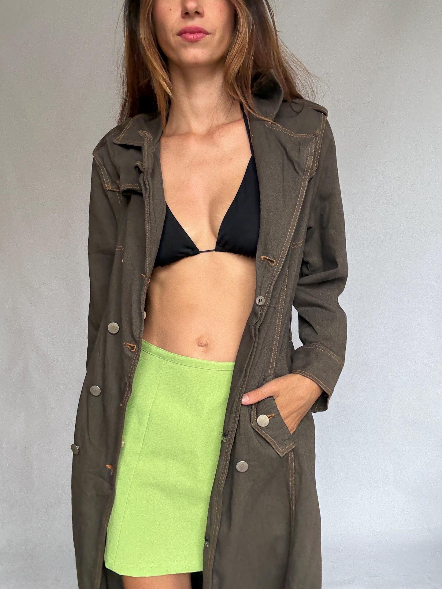 Heavy dark denim trench coat with double breasted front – long sturdy fit, unlined raw inside, fits like US XL letter size, preppy goth edge