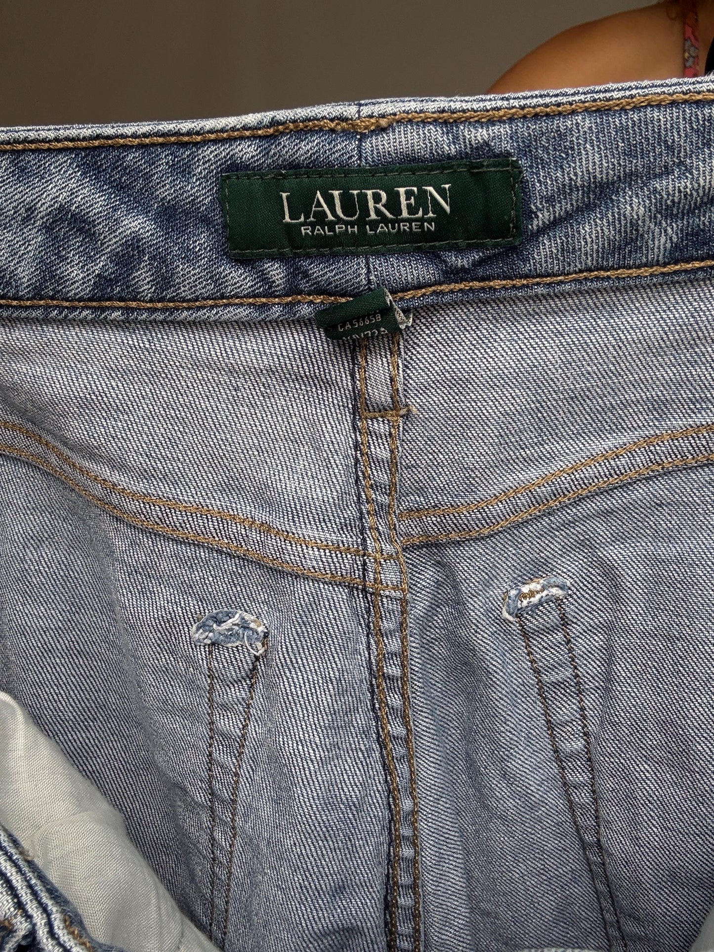 Ralph Lauren US 4 embroidered cropped jeans with lace hem, stretch fit in blue wash, boho Y2K preppy denim with zip & button closure
