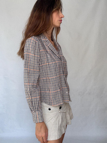 Checkered Cotton Blouse With Puff Shoulders — additional view 5