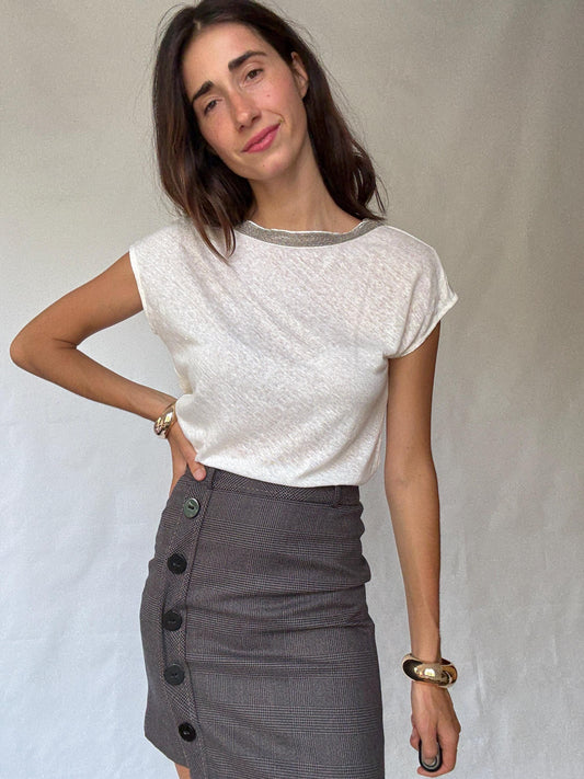 Gorgeous Massimo Dutti White Women's Shirt with Beaded Neckline Detailing in Estimated Size S, sheer Casual Vintage Style,